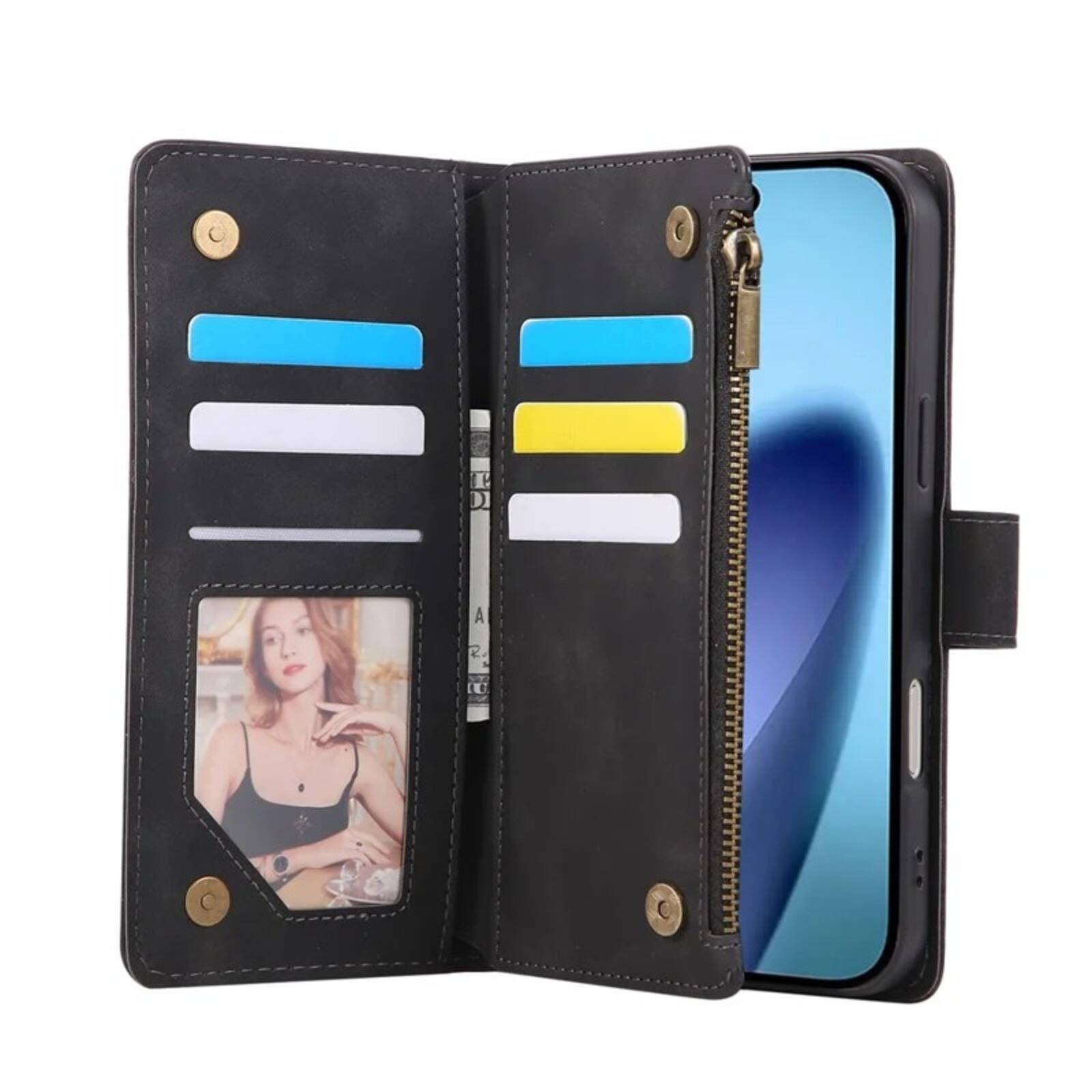 Left. UUCOVER - Zipper Wallet Case for Apple iPhone 17 Pro Max with Card Slots Cash Holder, Wrist and Shoulder Strap, Flip Stand Cover - Black.