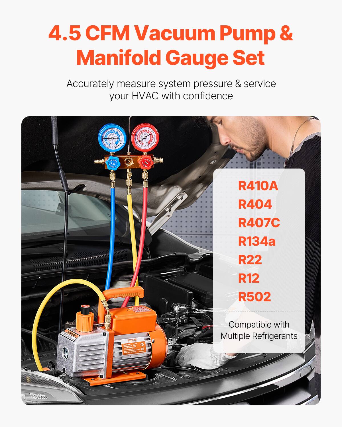 4.5 CFM Vacuum Pump & Manifold Gauge Set

Accurately measure system pressure & service your HVAC with confidence

R410A
R404
R407C
R134a
R22
R12
R502

Compatible with Multiple Refrigerants
