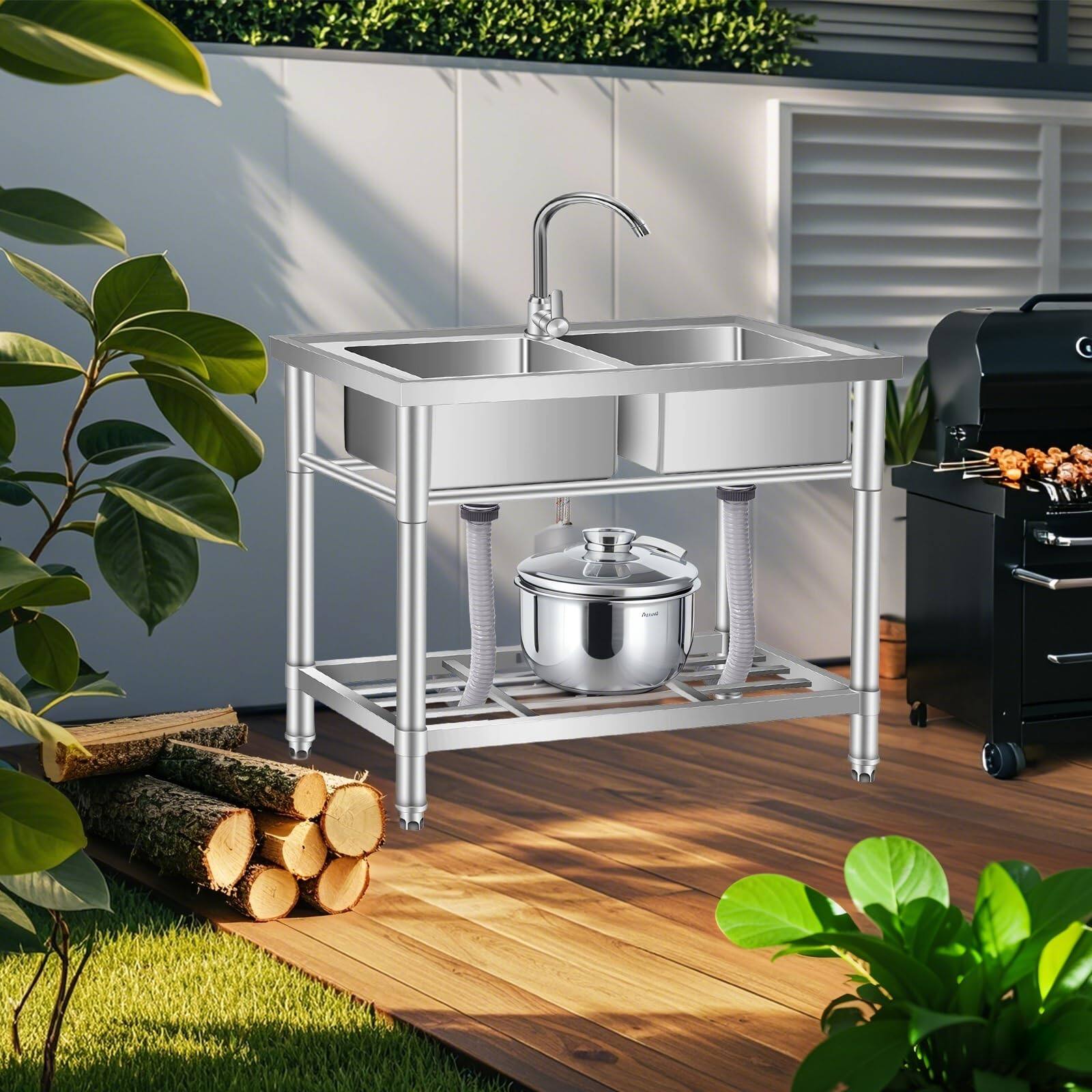 Alt View 3. GARVEE - 33 Inch Stainless Steel Utility Sink, Freestanding Double Bowl Laundry Sink w/Hot & Cold Water Faucet - Silver.