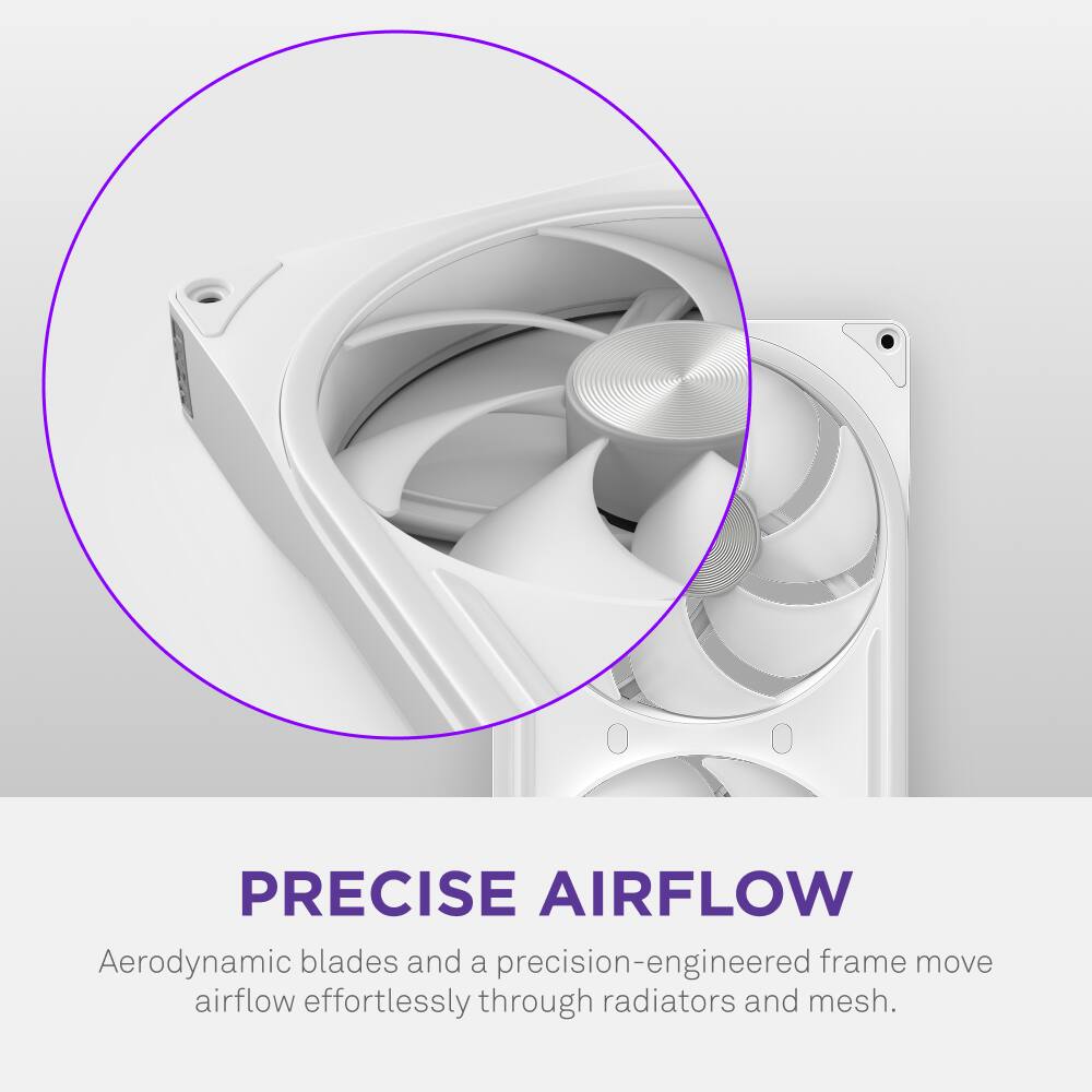 PRECISE AIRFLOW  
Aerodynamic blades and a precision-engineered frame move airflow effortlessly through radiators and mesh.