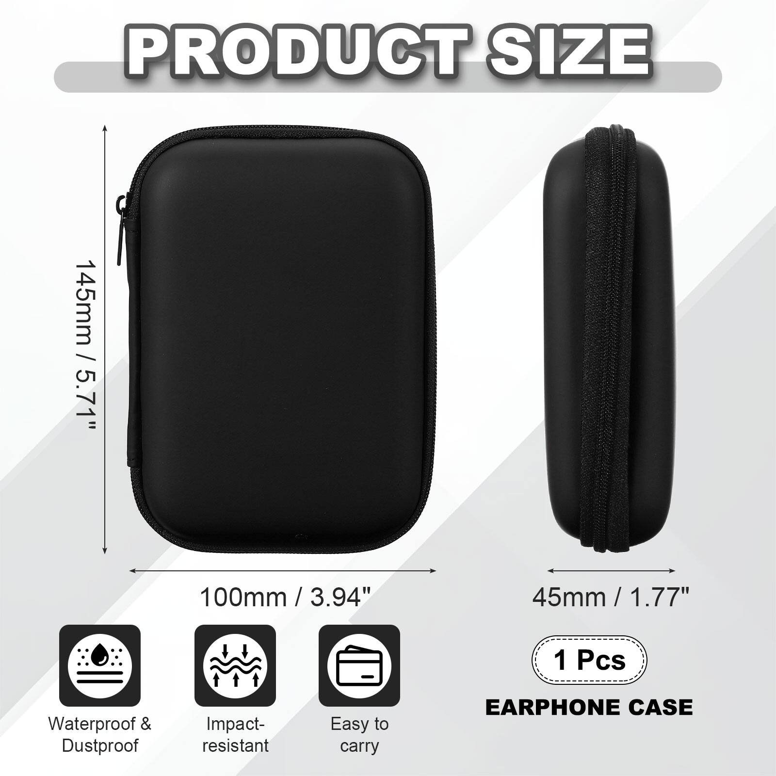PRODUCT SIZE

145mm / 5.71"  
100mm / 3.94"  
45mm / 1.77"  

1 Pcs Waterproof & Dustproof Impact-resistant Easy to carry EARPHONE CASE