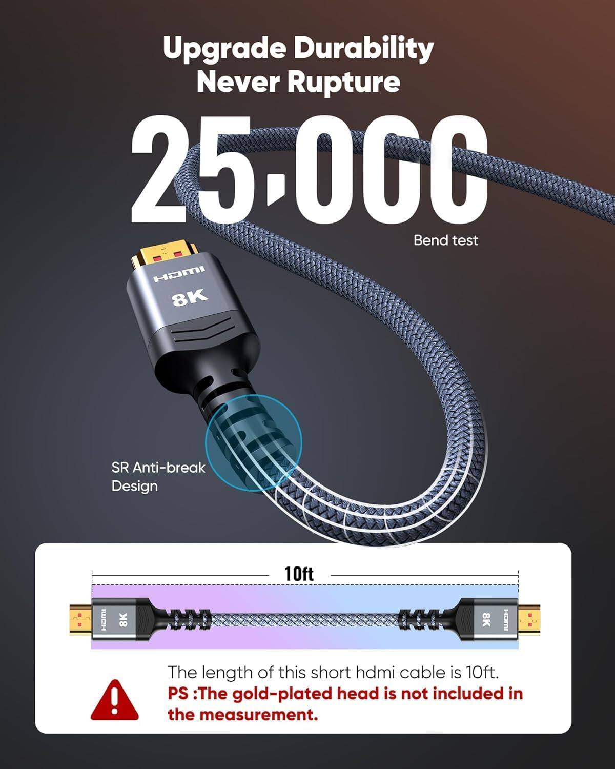 Upgrade Durability Never Rupture  
25.0GC  
Bend test  
HDMI 8K  
SR Anti-break Design  
10ft  
HDMI 8K RUC  

The length of this short HDMI cable is 10ft.  
PS: The gold-plated head is not included in the measurement.