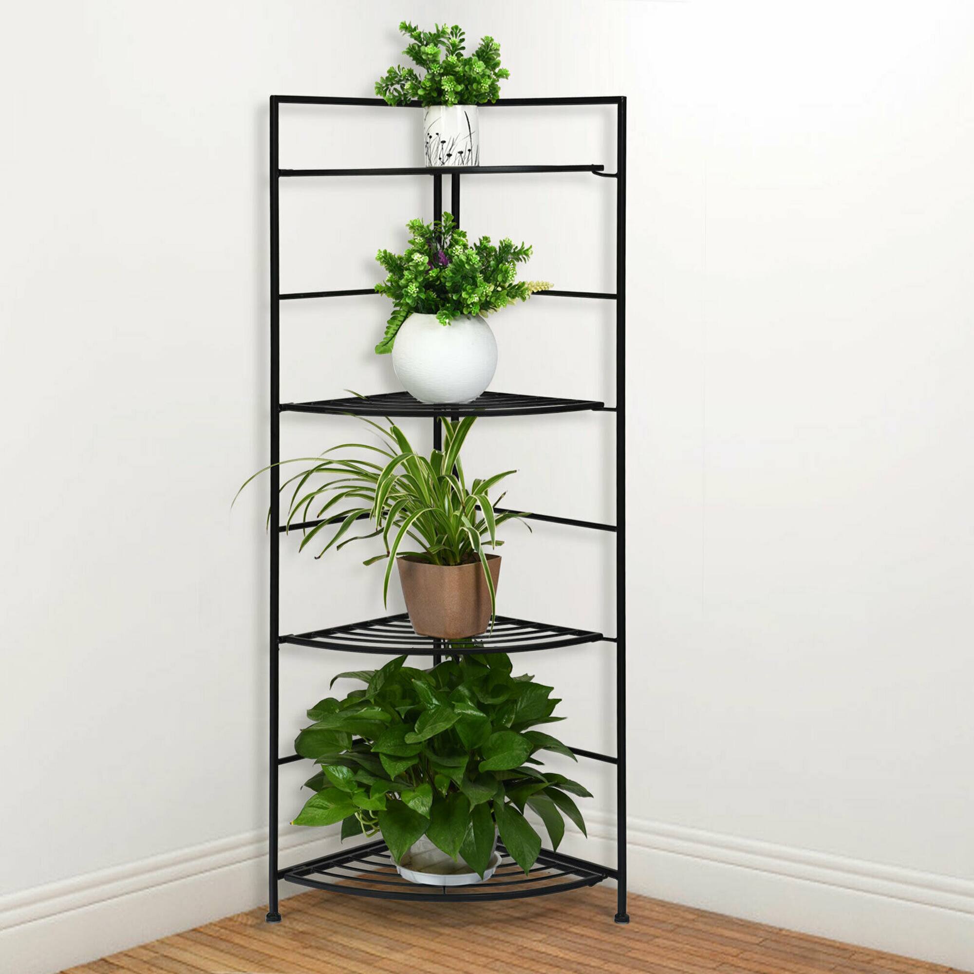Alt View 2. Gymax - Gymax 4 Tier Folding Metal Shelf Plant Stand Storage Open Shelf Corner Display Rack - Black.
