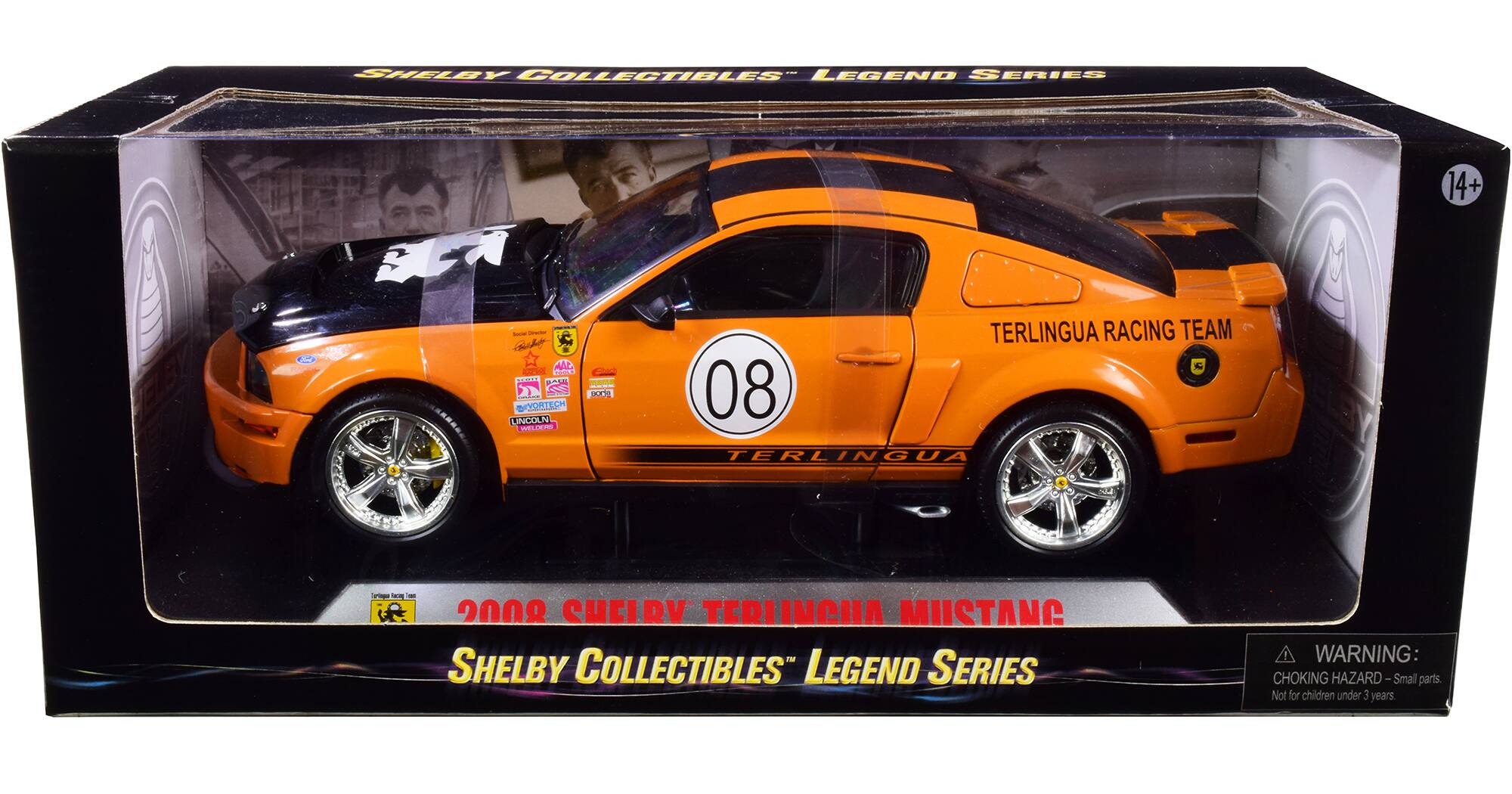 SHELBY COLLECTIBLES LEGEND SERIES  
14+  
Social funscher AL YOUR SCORE VORTECH LINCOLN WELOEAS  
LA Comina DOCIA  
TERLINGUA RACING TEAM C 08 TERLINGUA  
- - - peri - 2008 SHELBY TERLINCHA MUSTANG SHELBY COLLECTIBLES LEGEND SERIES  
WARNING: CHOKING HAZARD - Small parts. Not for children under 3 years.
