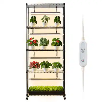 Front. VEVOR - Plant Shelf with Grow Light, 6-Tier Indoor Plant Stand, 71 in Tall Plants Display Rack with Wheels & 4/9/14H Timer - Black.