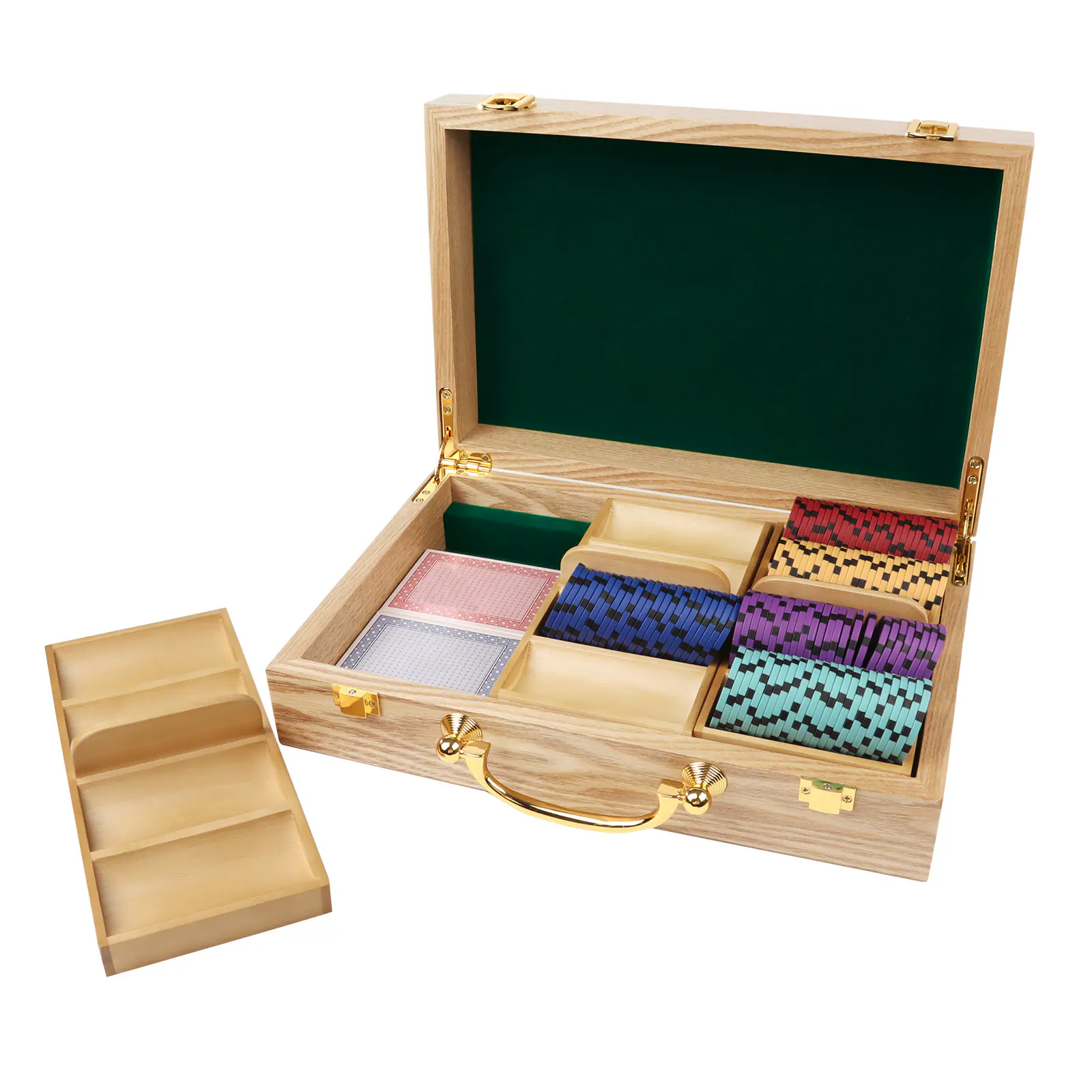 Front. GSE Games & Sports Expert - Poker Chips Carrier with 3 Wooden Poker Chip Trays for Any Thickness chips, Holds 300 Chips (Oak).