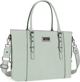 mosiso - Waterproof PU Leather Laptop Bag for Women 15.6 Inch, Vintage Briefcase Shoulder Tote Computer Bag for Work & Office - Sage Green