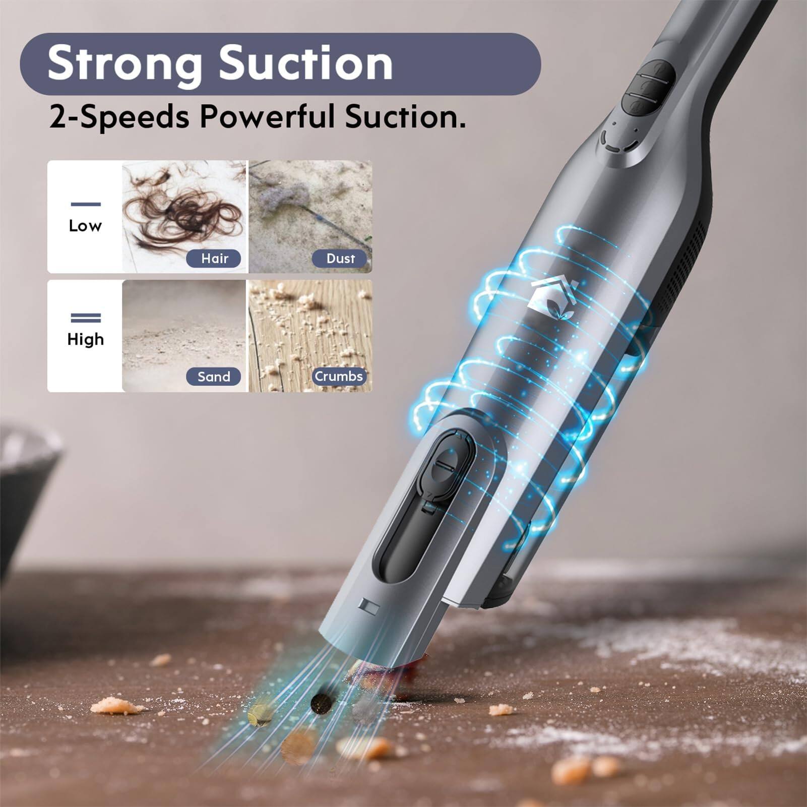 Strong Suction  
2-Speeds Powerful Suction.  

Low  
Hair  
Dust  

High  
Sand  
Crumbs