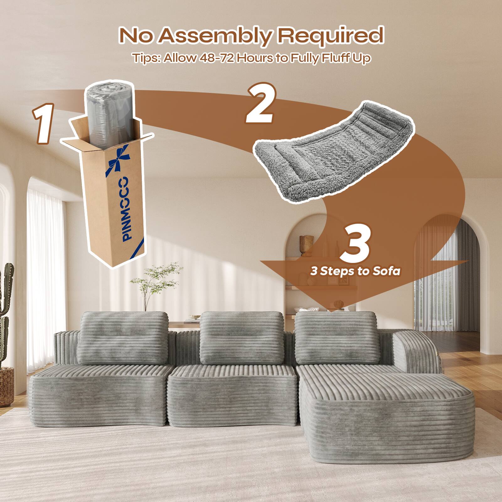 1. No Assembly Required
   Tips: Allow 48-72 Hours to Fully Fluff Up

2. PINMOCC

3. 3 Steps to Sofa