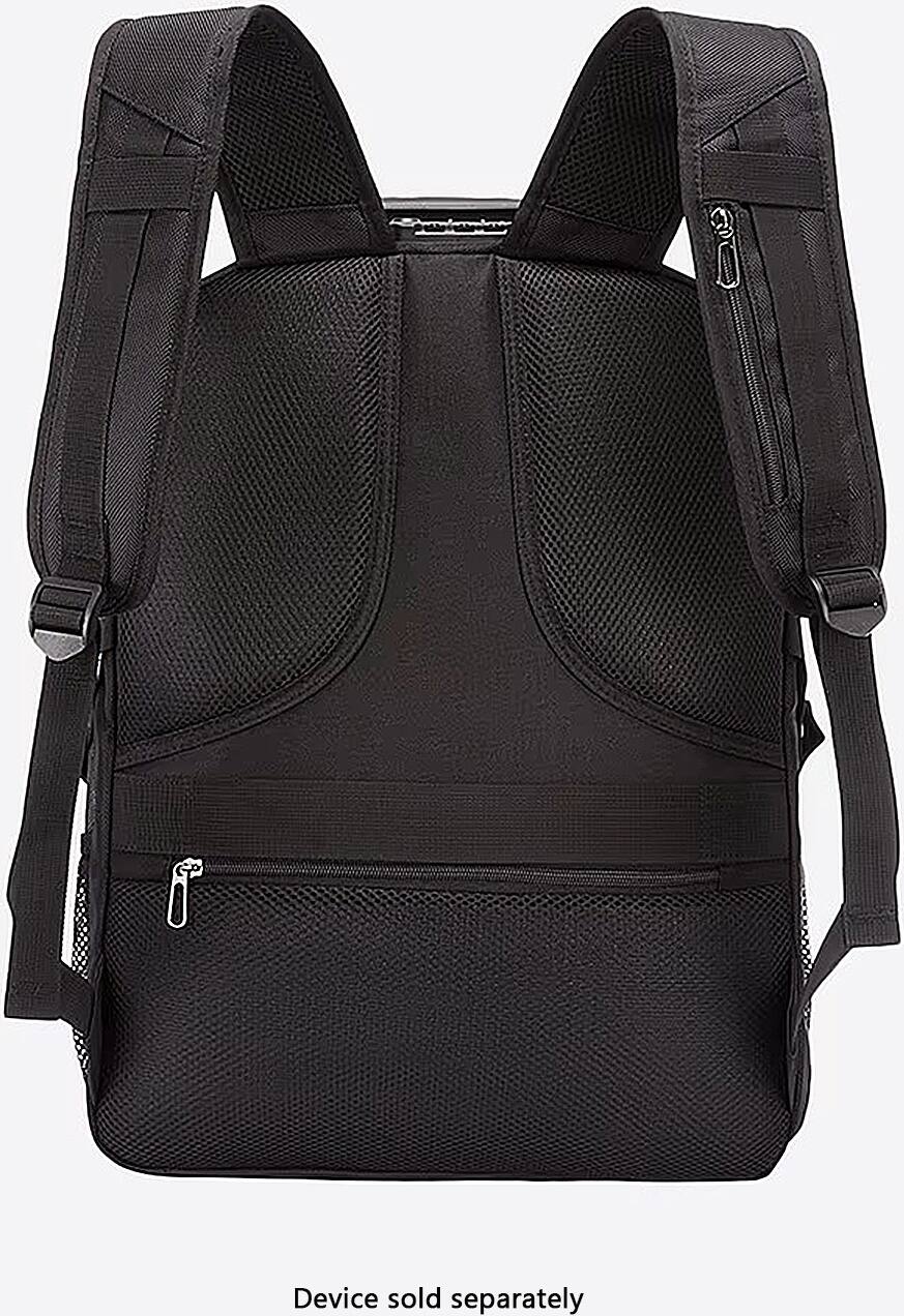 The image features a black backpack with a strap. The backpack is described as having a "device sold separately." This suggests that the backpack is designed to hold a device, but the device itself is not included in the backpack and must be purchased separately.