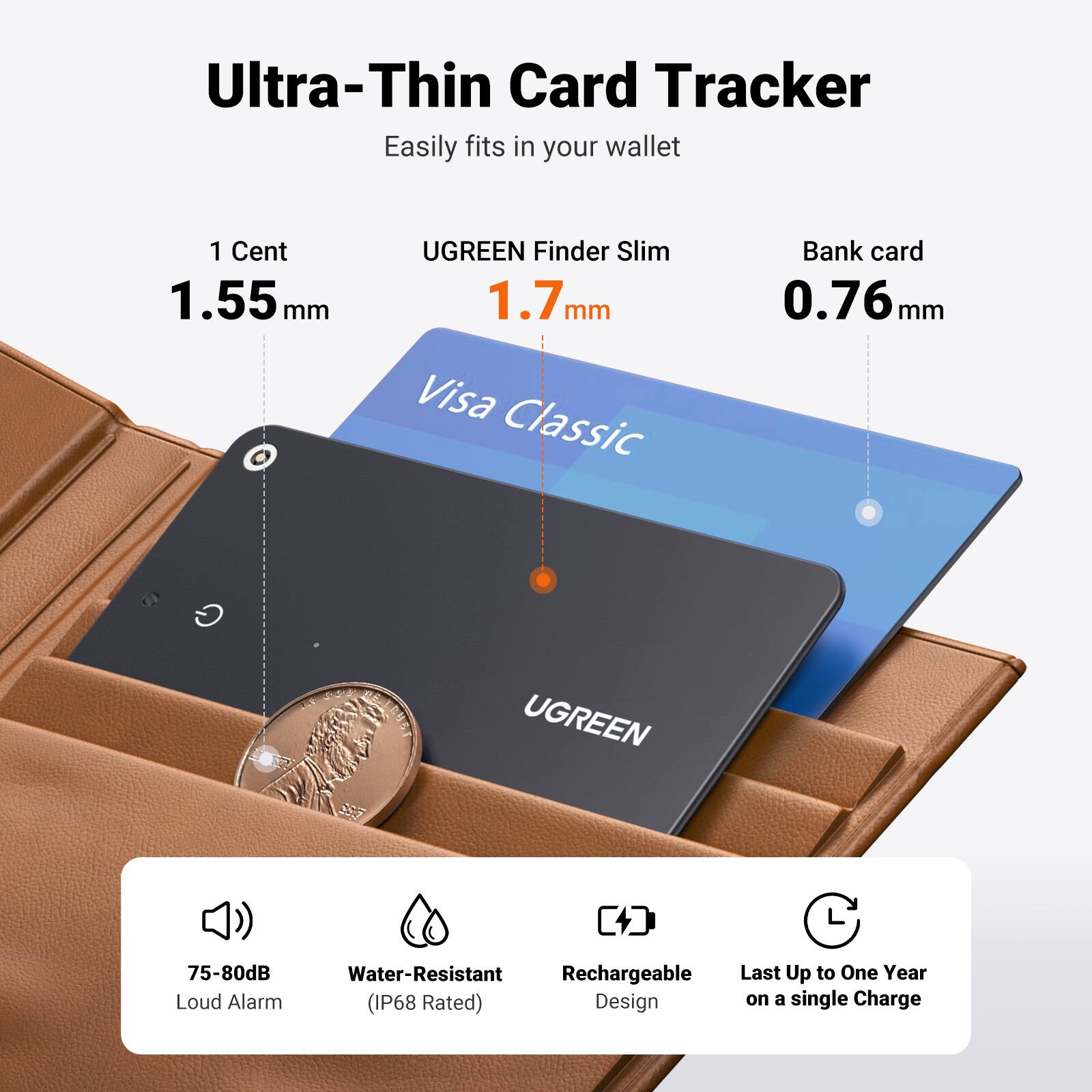 Ultra-Thin Card Tracker Easily fits in your wallet

1 Cent 1.55mm
UGREEN Finder Slim 1.7mm
Visa Classic Bank card 0.76mm

UGREEN

75-80dB Loud Alarm
Water-Resistant (IP68 Rated)
Rechargeable Design
Last Up to One Year on a single Charge