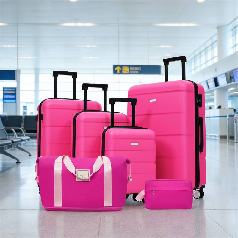 Alt View 7. HTUTWOO - Hardshell Luggage -6 Piece with 2 Bags,Carry on Suitcase with Handle Password Lock,Double Spinner Wheels,16"/20"/24"/28" - Pink.