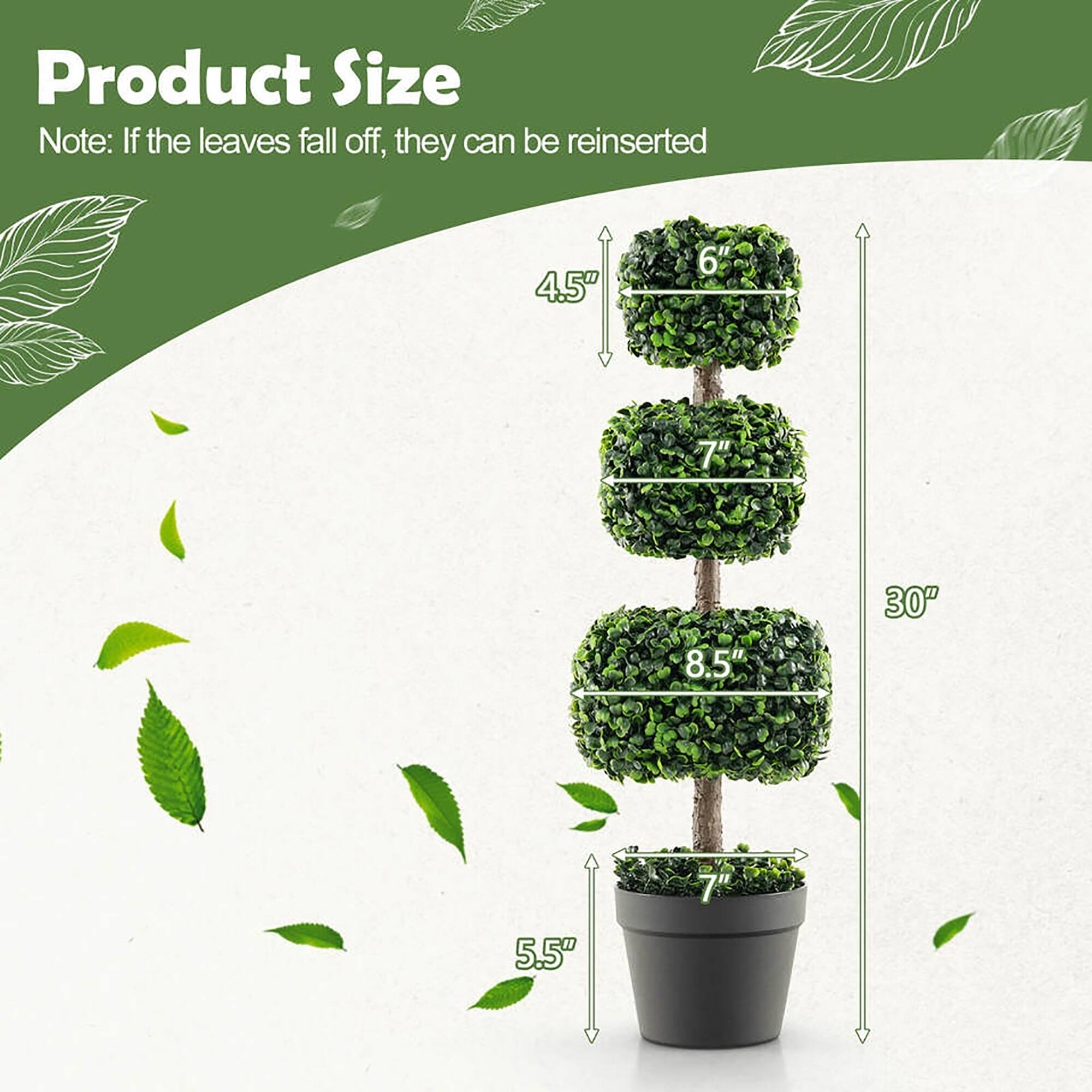Product Size  
Note: If the leaves fall off, they can be reinserted  

- 4.5"  
- 6"  
- 7"  
- 8.5"  
- 30"  
- 7"  
- 5.5"
