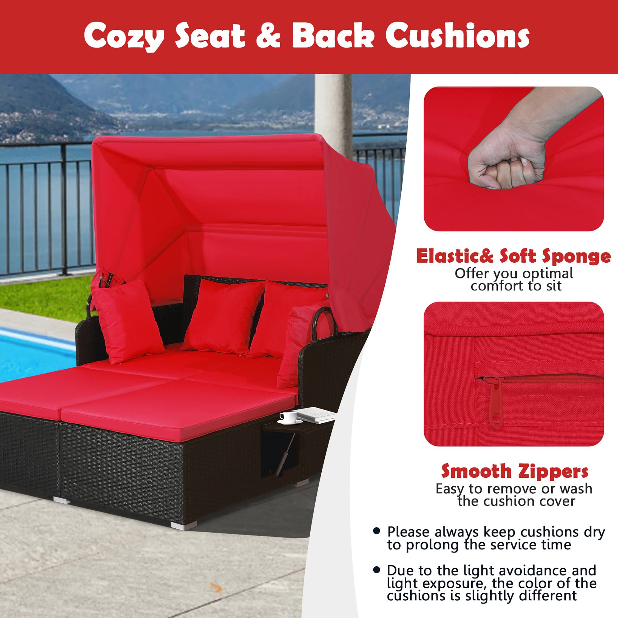 Cozy Seat & Back Cushions: Elastic & Soft Sponge Offering Optimal Comfort to Sit. Smooth Zippers for Easy Removal or Washing of Cushion Cover. Please Always Keep Cushions Dry to Prolong Service Time. Due to Light Avoidance and Light Exposure, the Color of the Cushions May Slightly Differ.