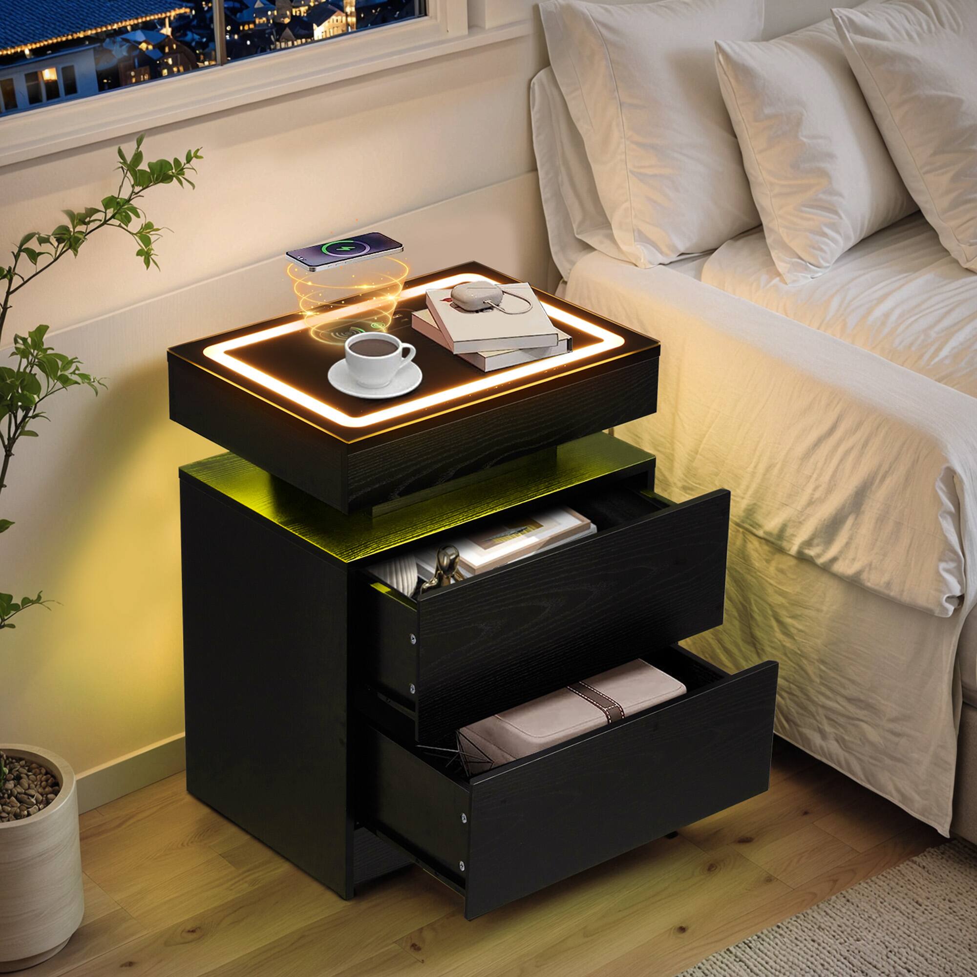 Alt View 5. U-HOMY - Modern Fluted Nightstand with Drawer and Charging Station, Bedside Table with USB Ports and Storage Shelf, Set of 2 - Brown.