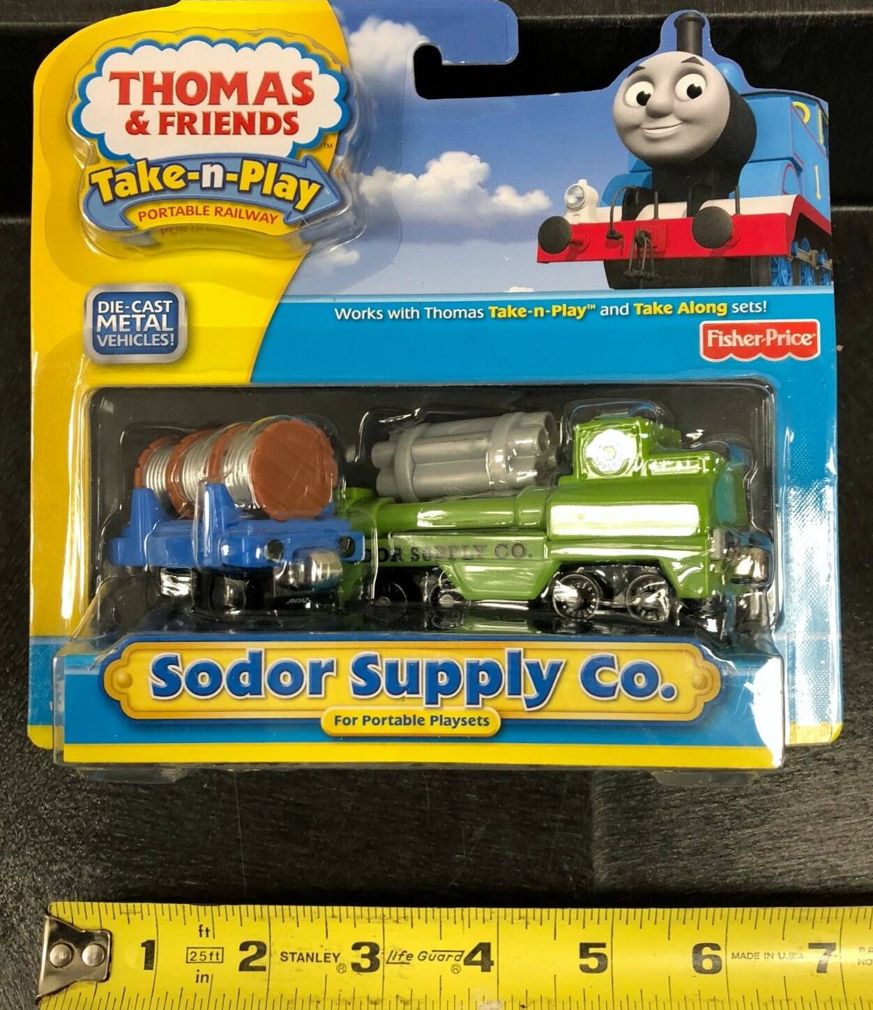 **Thomas & Friends Take-n-Play Portable Railway**

- Die-Cast Metal Vehicles!
- Works with Thomas Take-n-Play and Take Along sets!
- Fisher-Price

**Sodor Supply Co.**
- For Portable Playsets

**Made in U.S.A.**

**Stanley**
- Life Guard

**1 ft 25 in**
