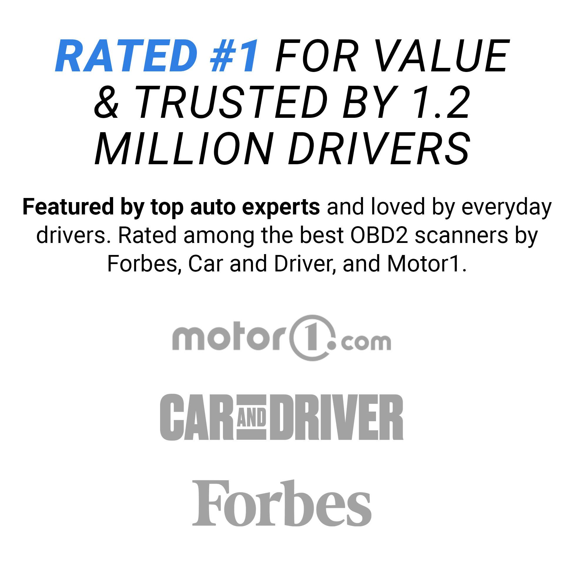 RATED #1 FOR VALUE & TRUSTED BY 1.2 MILLION DRIVERS

Featured by top auto experts and loved by everyday drivers. Rated among the best OBD2 scanners by Forbes, Car and Driver, and Motor1.

motor1.com  
CAR AND DRIVER  
Forbes