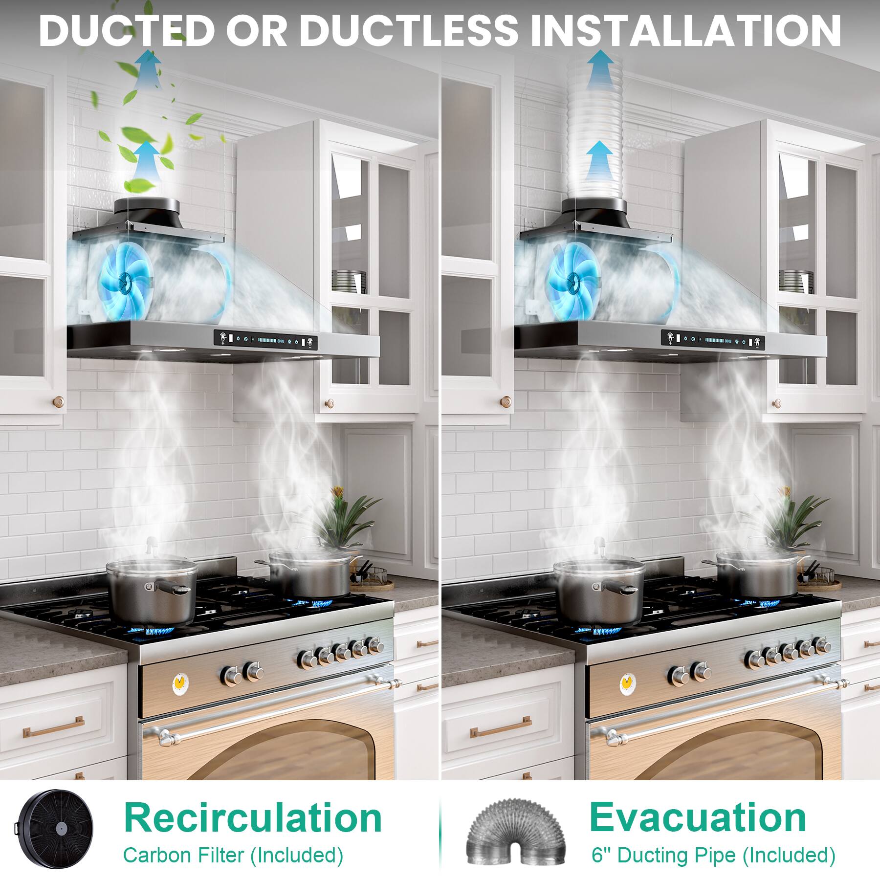 DUCTED OR DUCTLESS INSTALLATION

Recirculation
Carbon Filter (Included)

Evacuation
6" Ducting Pipe (Included)