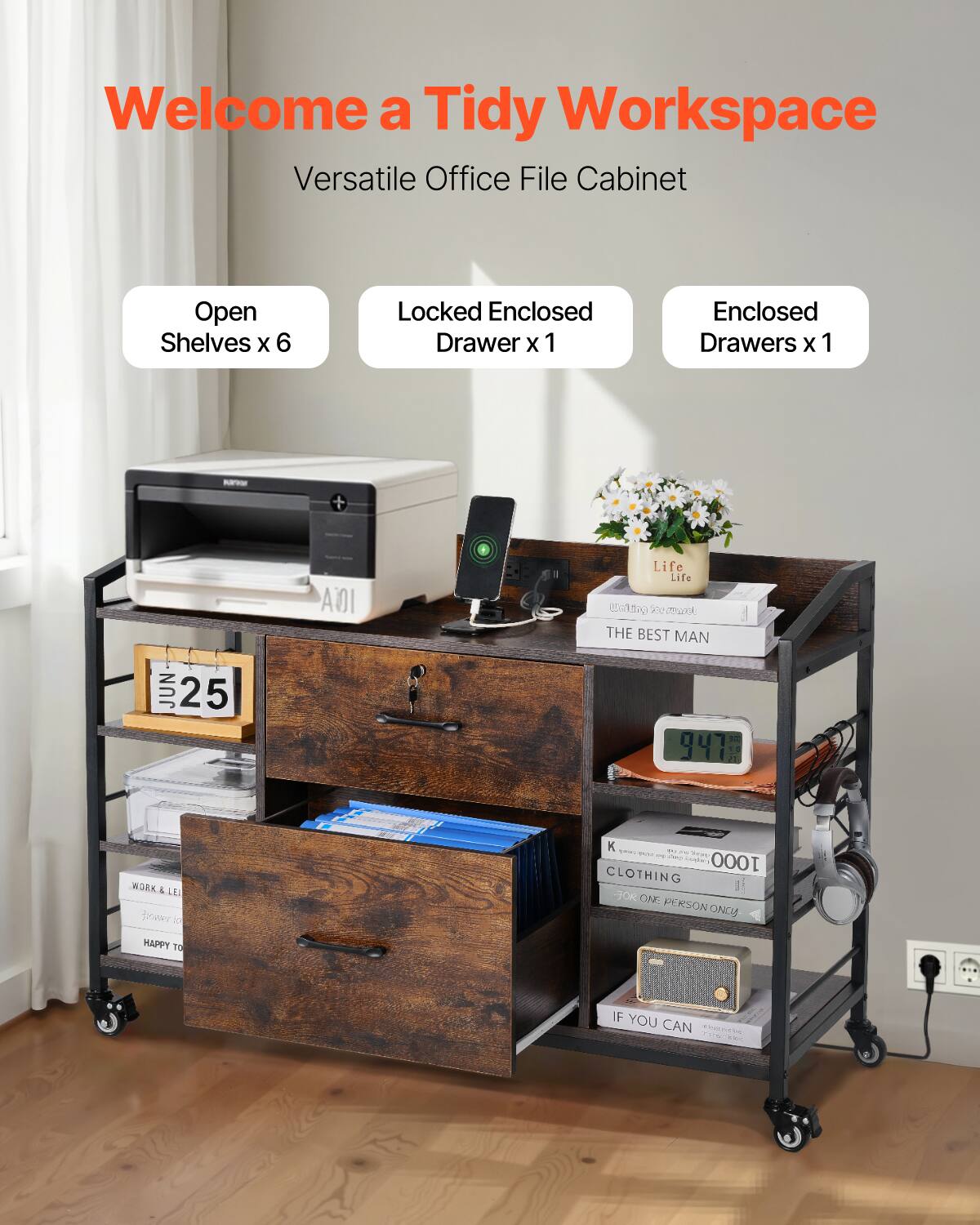 Welcome a Tidy Workspace  
Versatile Office File Cabinet  

Open Shelves x 6  
Locked Enclosed Drawer x 1  
Enclosed Drawers x 1  

THE BEST MAN  
WORK & LEISURE  
HAPPY TO  
CLOTHING  
FOR ONE PERSON ONLY  
IF YOU CAN