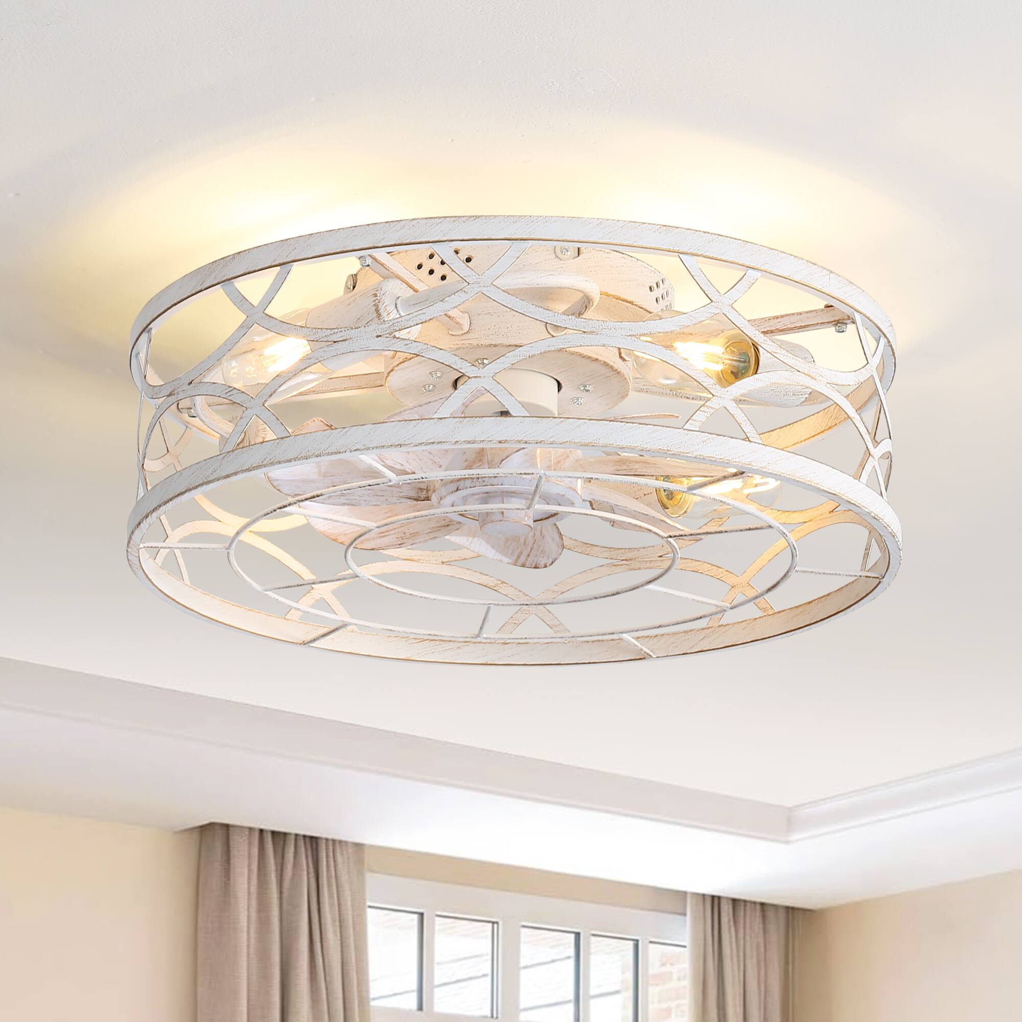 Front. Breezary - 18-Inch Flush Mount Caged Ceiling Fan with 7 ABS Blades, DC Motor, 6-Speed Remote Control, Memory Function - Distressed White and Gold.