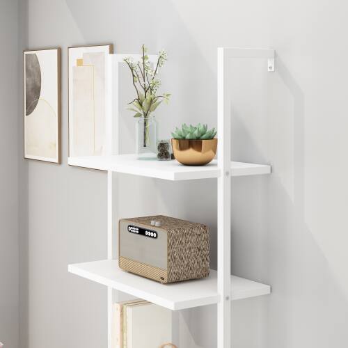 Alt View 2. Winado - 24"L x 12"W x 71"H Tall 5 Tier Modern Bookshelf Wood Board Ladder Bookcase with Metal Frame Industrial Open Storage Unit - White.