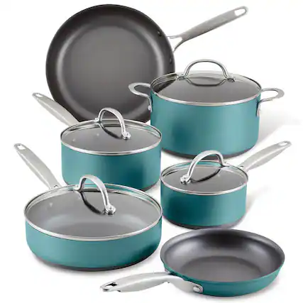 Front. Anolon - Anolon 85115 10-Piece Achieve Hard Anodized Nonstick Cookware Set - Teal - Teal.
