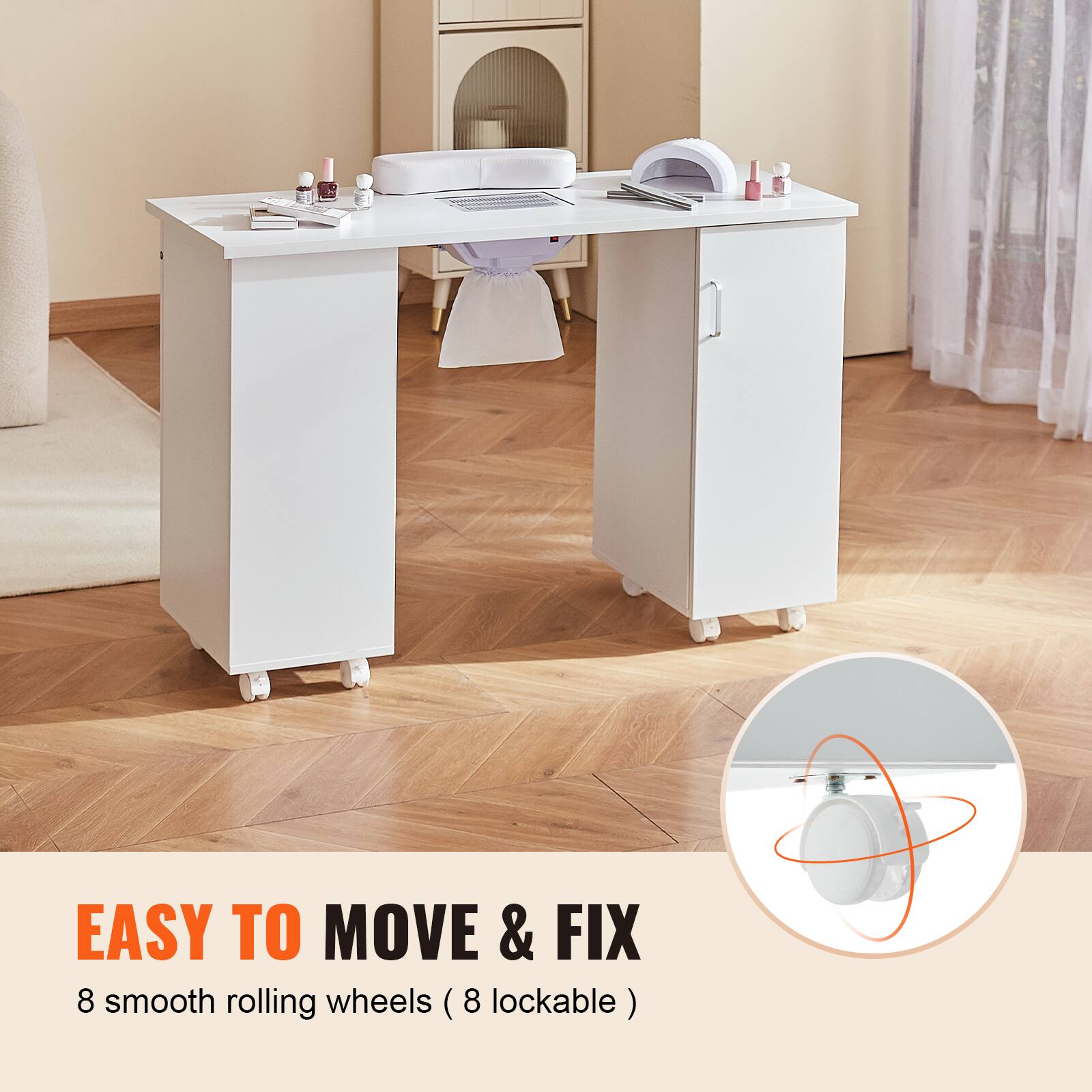 EASY TO MOVE & FIX: 8 smooth rolling wheels (8 lockable)