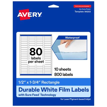 Go to avery.com/templates
Use Avery Presta™ Template 94203
Waterproof
80 labels per sheet
10 sheets
800 labels
1/2" x 1-3/4" Rectangle
Durable White Film Labels with Sure Feed™ Technology for Laser/Pigment-based Inkjet