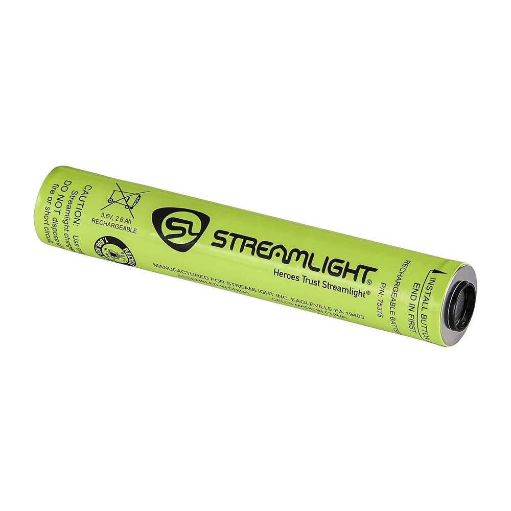 fire DO or NOT CAUTION: short circuit dispose  
Streamlight charge Use RECHARGEABLE 1,800.822 3.6V, 2.6Ah  
Su OR RECYCLE MANUFACTURED MANUF STREAMLIGHT ASSEMBLED FOR Heroes Trust IN STREAMLIGHT CHINA CELLS INC.  
EAGLEVILLE MADE W Streamlight CHINA PA 19403 75375  
P/N: RECHARGEABLE BATTE BA FIRST IN END INSTALL BUTTON