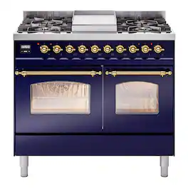 ILVE - Nostalgie II Series 40 in. Dual Fuel Range with 6 Sealed Burners + Griddle (Natural Gas, Brass Trim) - Midnight Blue