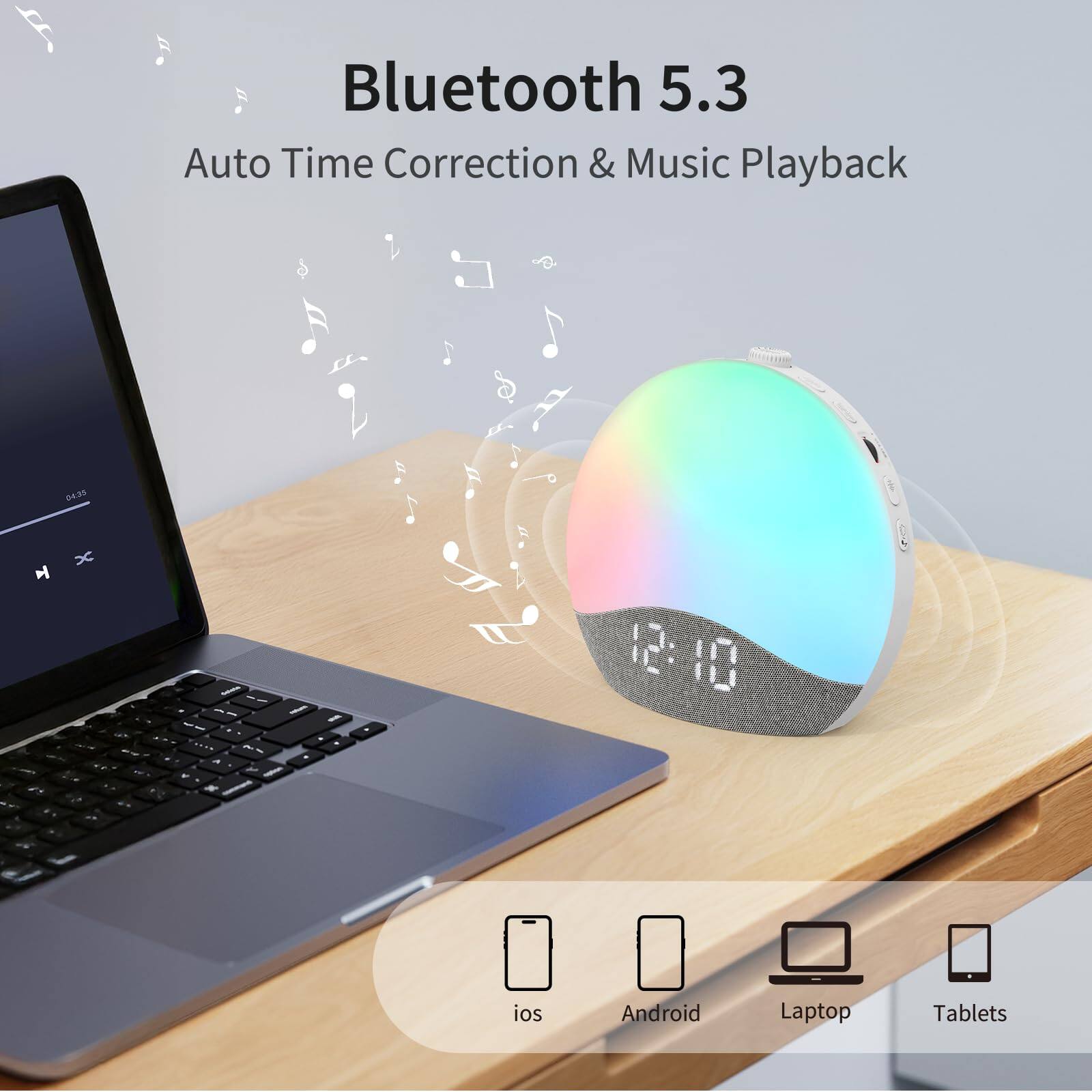 Bluetooth 5.3  
Auto Time Correction & Music Playback  

D4:35 - a FE - - - - -   M a / I 12:10 E5 ios Android Laptop Tablets
