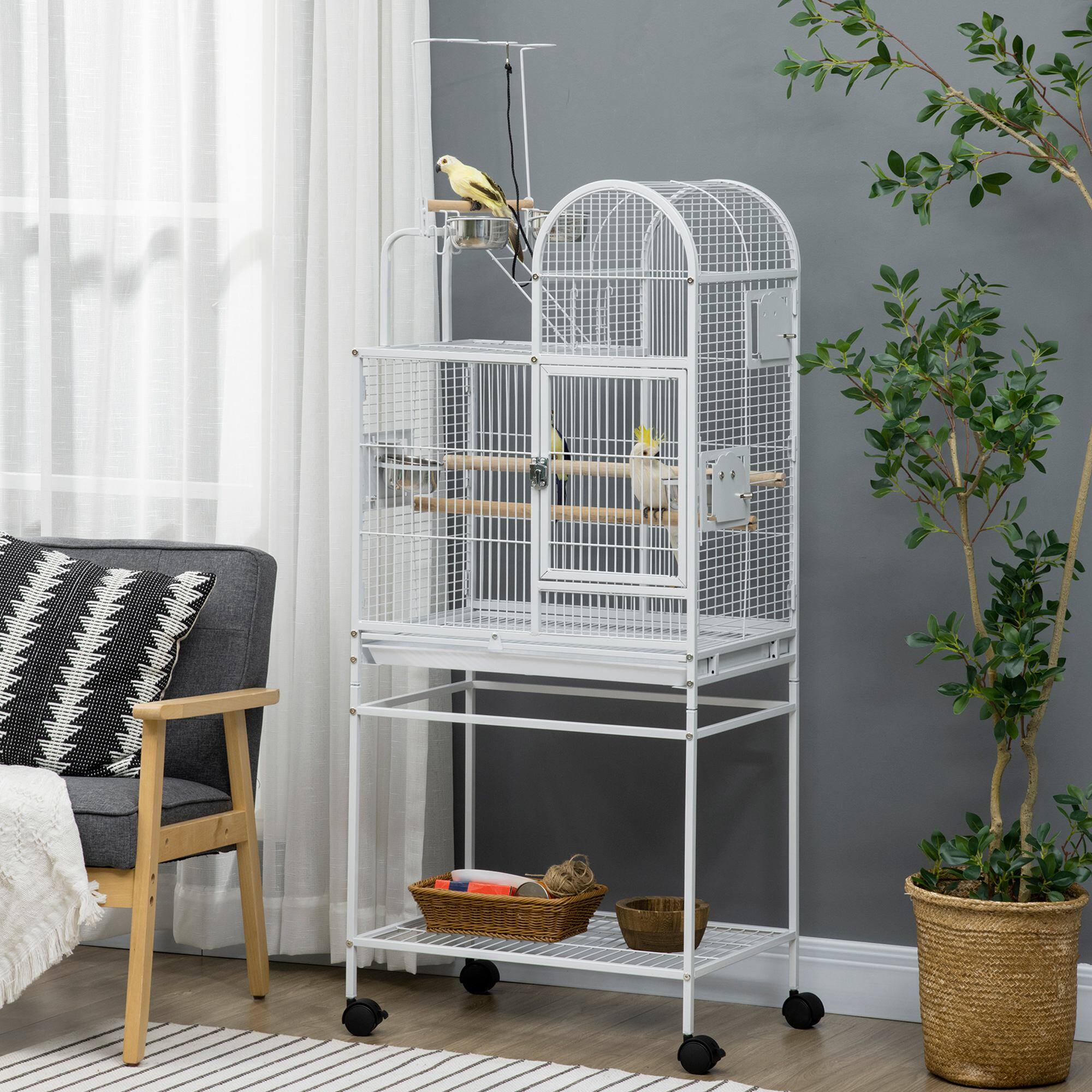 Angle. Pawhut - 55" Large Parrot Cage with Toy Hooks Above Top Bird Perch, Tray, Food Cups, Rolling Stand, for Cockatiels, Parakeets.