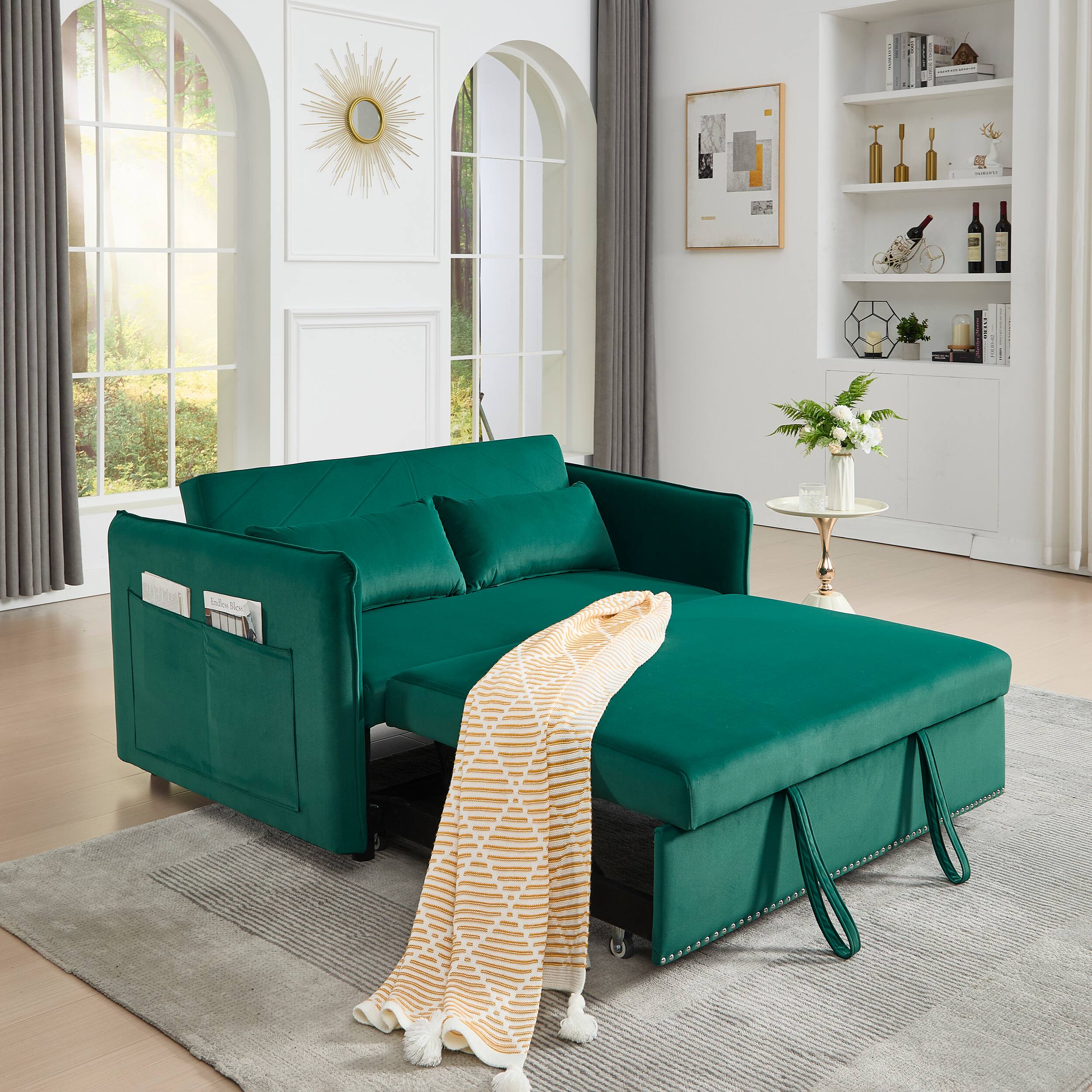 Left. Tiramisubest - 3 in 1 Convertible Sleeper Futon Sofa Bed,55" Velvet Loveseat with 2 Pillows,Reclining Backrest & Side Pockets,Green - Green.