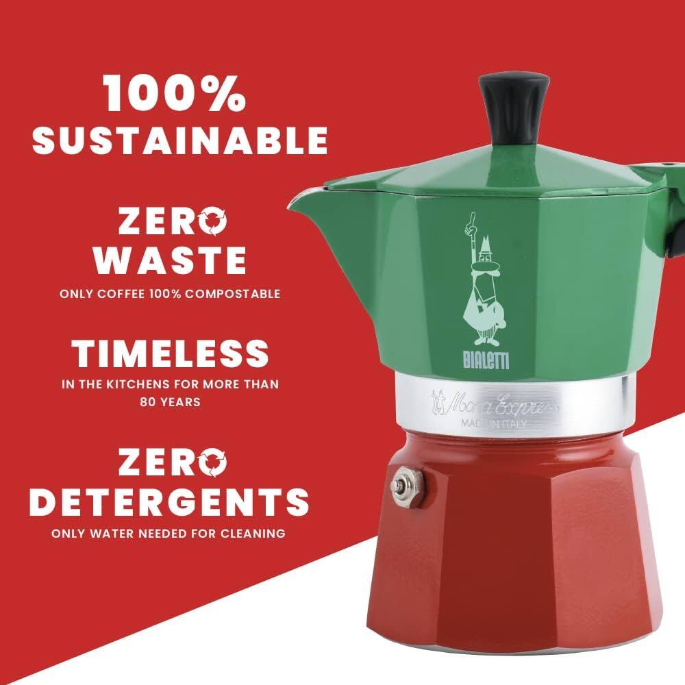100% SUSTAINABLE  
ZERO WASTE  
ONLY COFFEE 100% COMPOSTABLE  

TIMELESS  
IN THE KITCHENS FOR MORE THAN 80 YEARS  

ZERO DETERGENTS  
ONLY WATER NEEDED FOR CLEANING  

BIALETTI  
Moka Express  
MADE IN ITALY