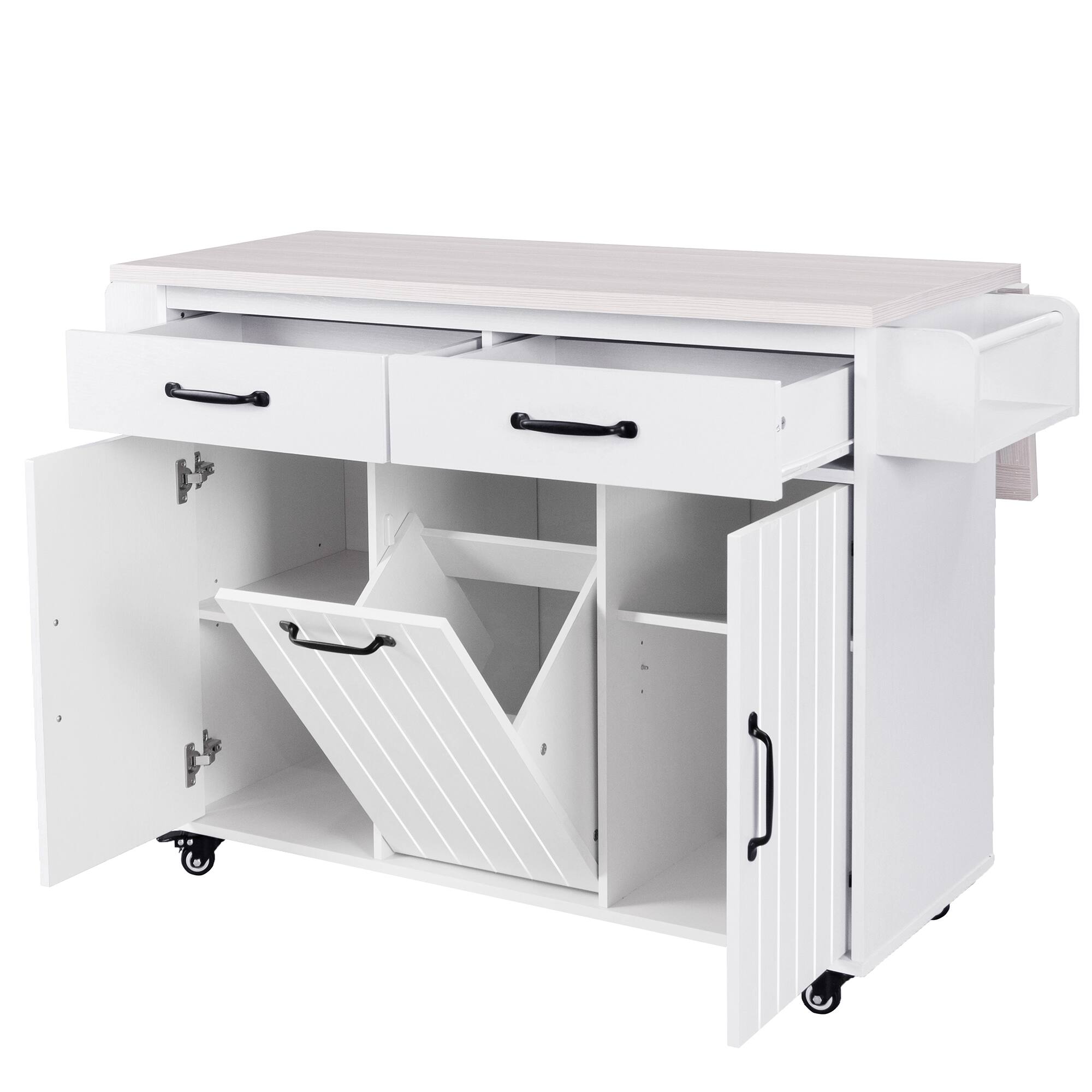 Alt View 1. Forest'nSky - Kitchen Island with Trash Can Storage & Drop Leaf – Rolling Cart with Spice Rack, Towel Rack, White - White.