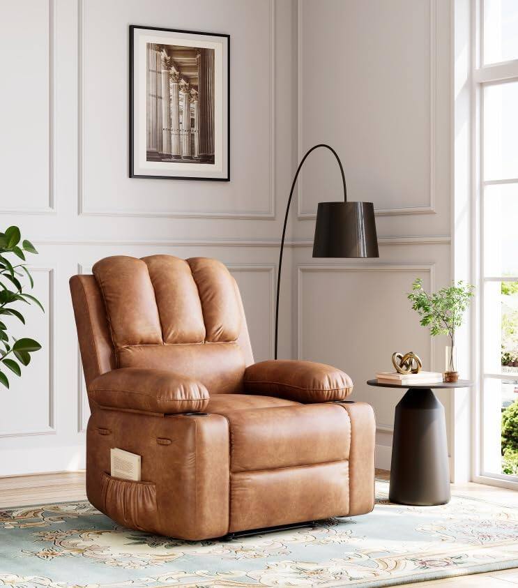 Front. Acekool - 22-Inch PU Leather Massage Recliner Chair with Vibrating and Heating Functions, Lounge Recliner - Brown.