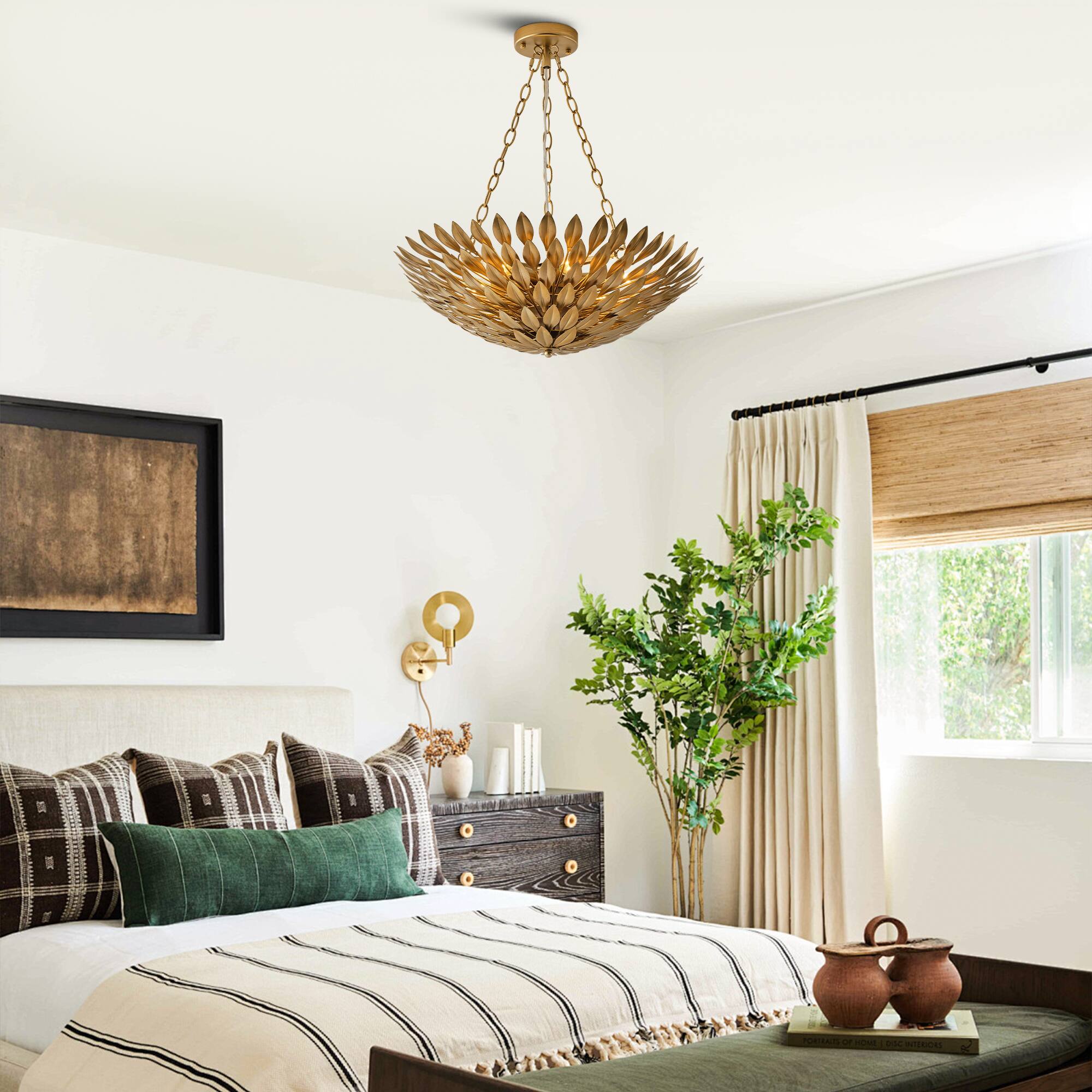 Left. Parrot Uncle - Antique Gold 6-Light Olive Leaf Convertible Chandelier Light - Antique Gold.