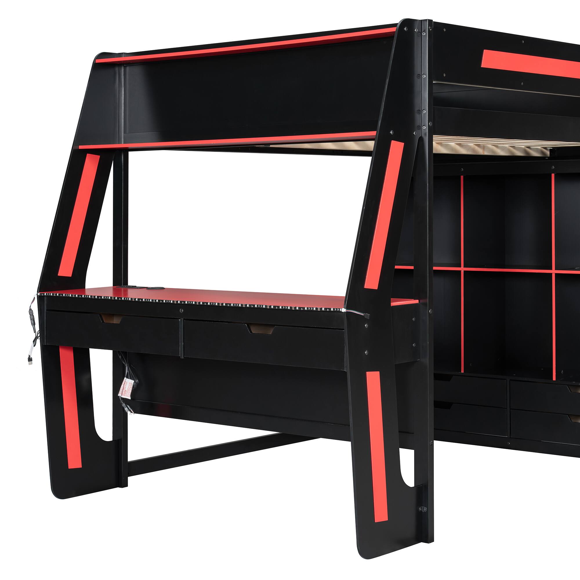 Alt View 2. Anysun - Full Gaming Loft Bed with Desk & RGB Lights - Wooden High Bed, 6 Storage Cubbies, 6 Drawers & Safety Staircase - Red.