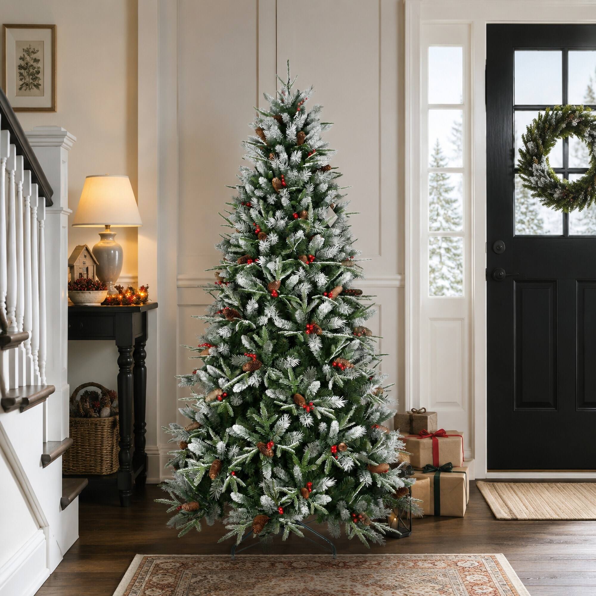 Alt View 1. RYHNUYNE - 6FT Christmas Tree With Red Berries Pine Cones, 1593 Snow-Dusted PE+PVC Branches Hinged Design Sturdy Metal Stand - Green,White.