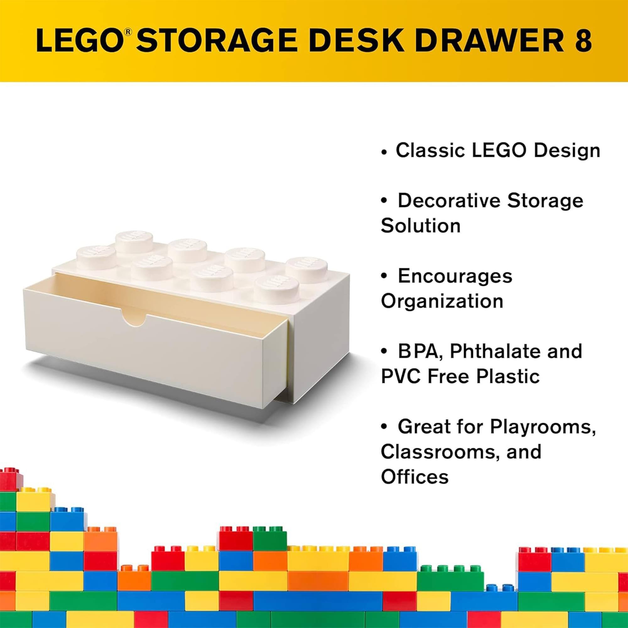 LEGO® STORAGE DESK DRAWER 8

- Classic LEGO Design
- Decorative Storage Solution
- Encourages Organization
- BPA, Phthalate and PVC Free Plastic
- Great for Playrooms, Classrooms, and Offices