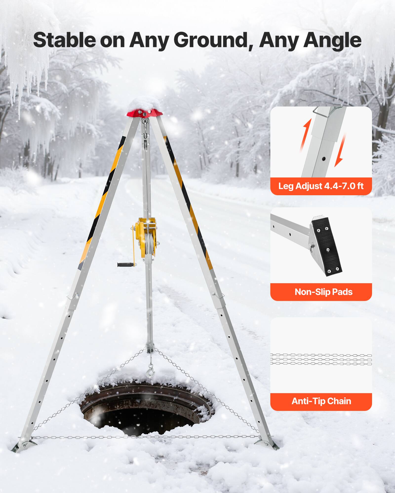 Stable on Any Ground, Any Angle

Leg Adjust 4.4-7.0 ft

Non-Slip Pads

Anti-Tip Chain