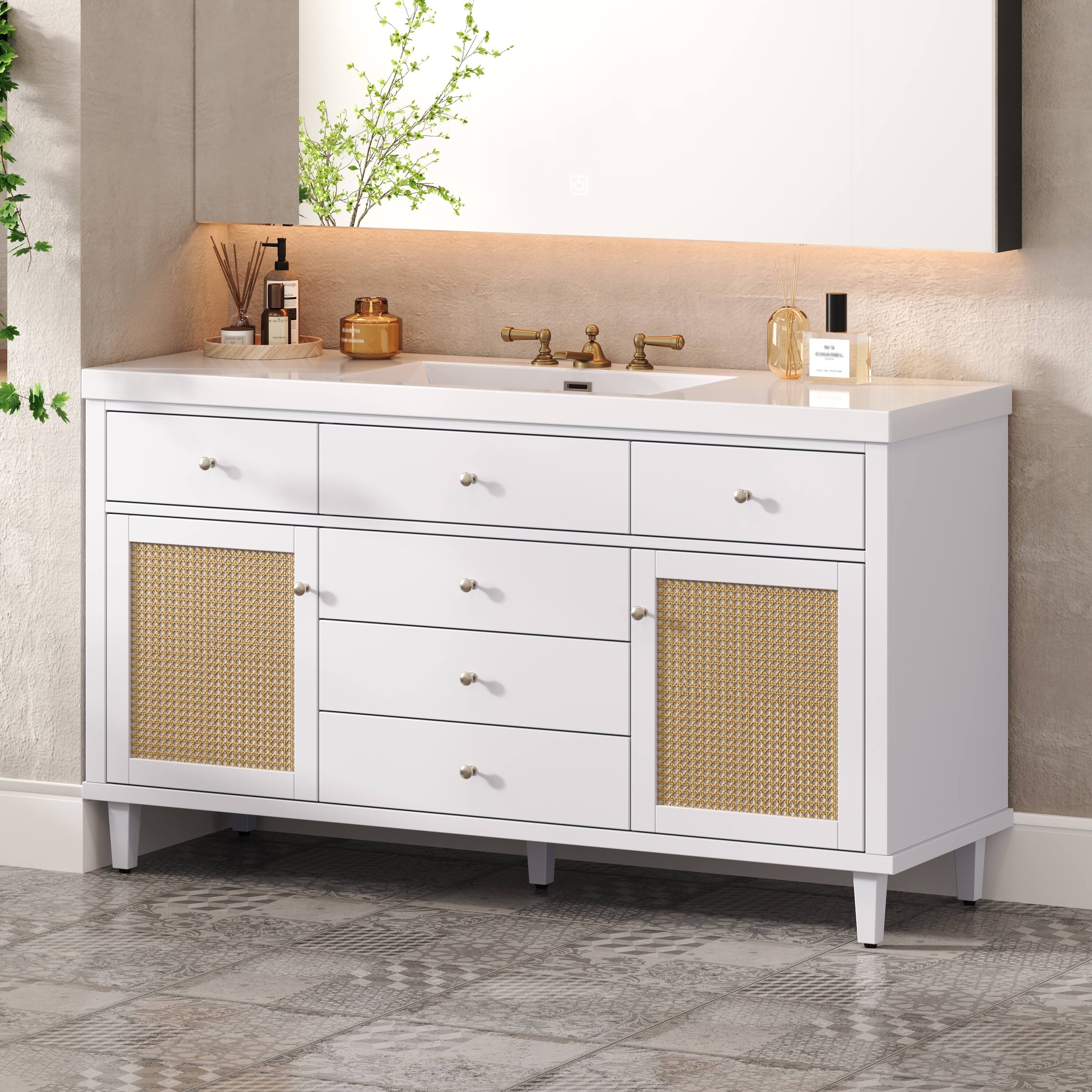 Left. Loheer - 5 ft Modern Bathroom Vanity with SMC Sink, Soft Close Drawers, Rattan Doors - White.