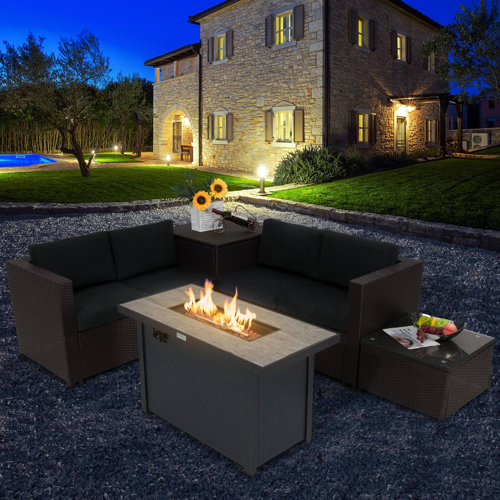 Alt View 3. Gymax - Gymax 5PCS Patio Furniture Set w/42'' Propane Fire Pit Table Cushions Storage Box - Brown.