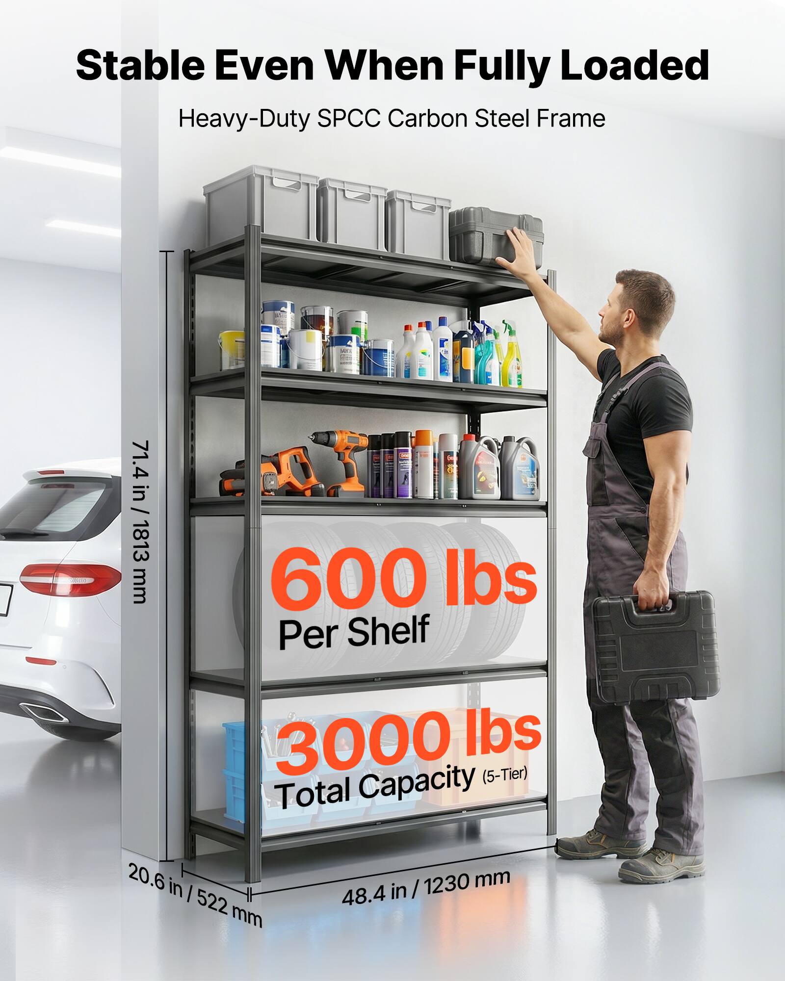 Stable Even When Fully Loaded  
Heavy-Duty SPCC Carbon Steel Frame  
600 lbs Per Shelf  
3000 lbs Total Capacity (5-Tier)  
71.4 in / 1813 mm  
20.6 in / 522 mm  
48.4 in / 1230 mm