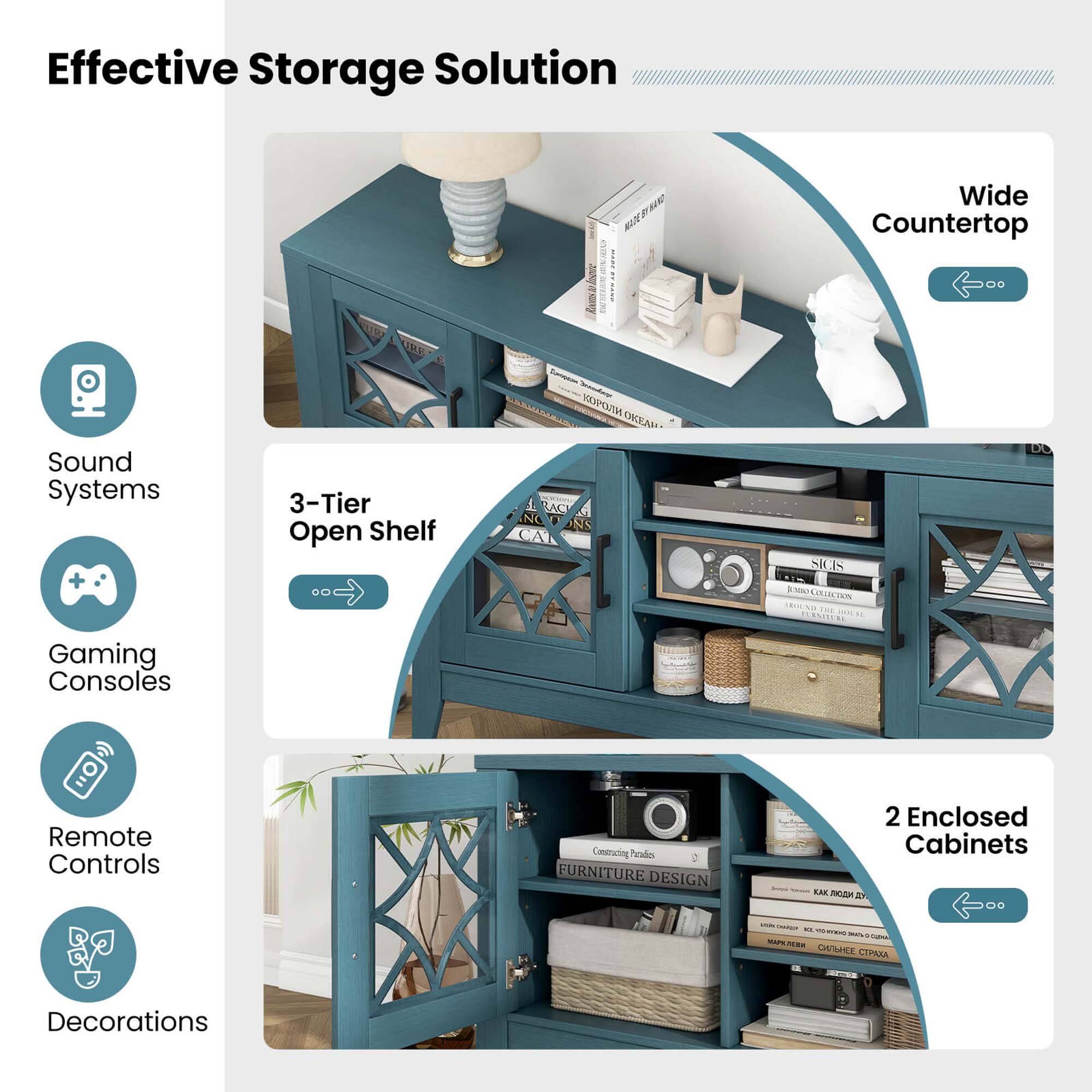 Effective Storage Solution:

* Wide Countertop
* 3-Tier Open Shelf
* Sound Systems
* Gaming Consoles
* Remote Controls
* Controlling Pecalos
* Furniture Design
* 2 Enclosed Cabinets
* Decorations