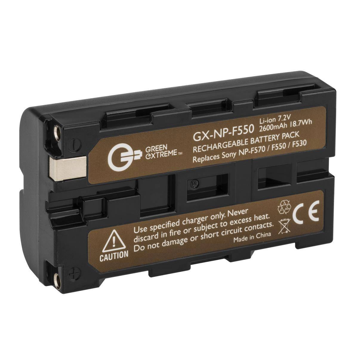 Li-ion 7.2V 2600mAh 18.7Wh GX-NP-F550 BATTERY PACK RECHARGEABLE F550 / F530 GREEN NP-F570 / EXTREME Ih G Replaces Sony only. Never heat. CE specified charger to excess contacts. Use fire or subject circuit discard in short in China ! or Made Do not damage CAUTION