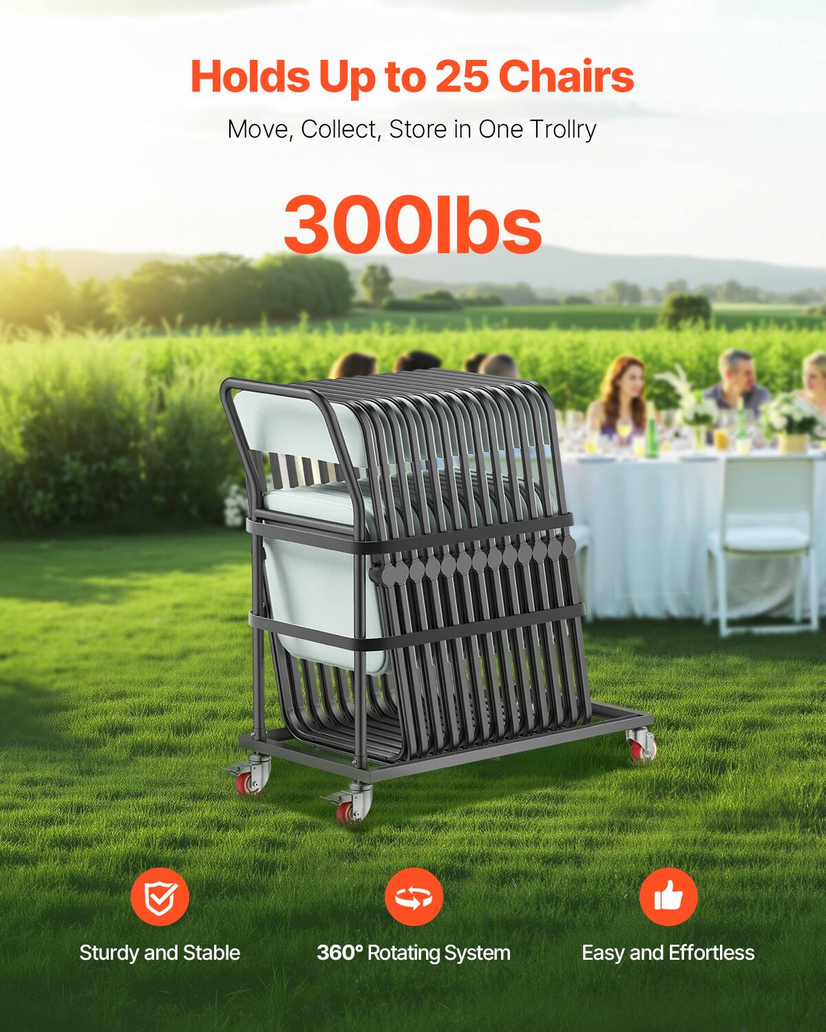 Holds Up to 25 Chairs, Move, Collect, Store in One Trollry, 300lbs, Sturdy and Stable, 360° Rotating System, Easy and Effortless