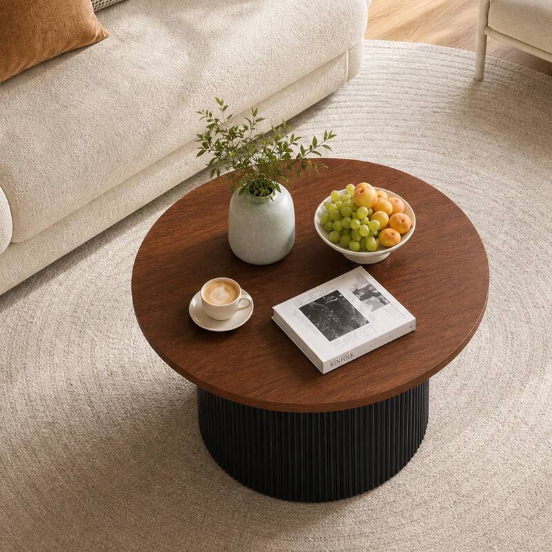 Left. WELLFOR - 32 " Modern Round Coffee Table with Solid Wood Frame and Wooden Top, Wooden Center Table for Living Room - Walnut.