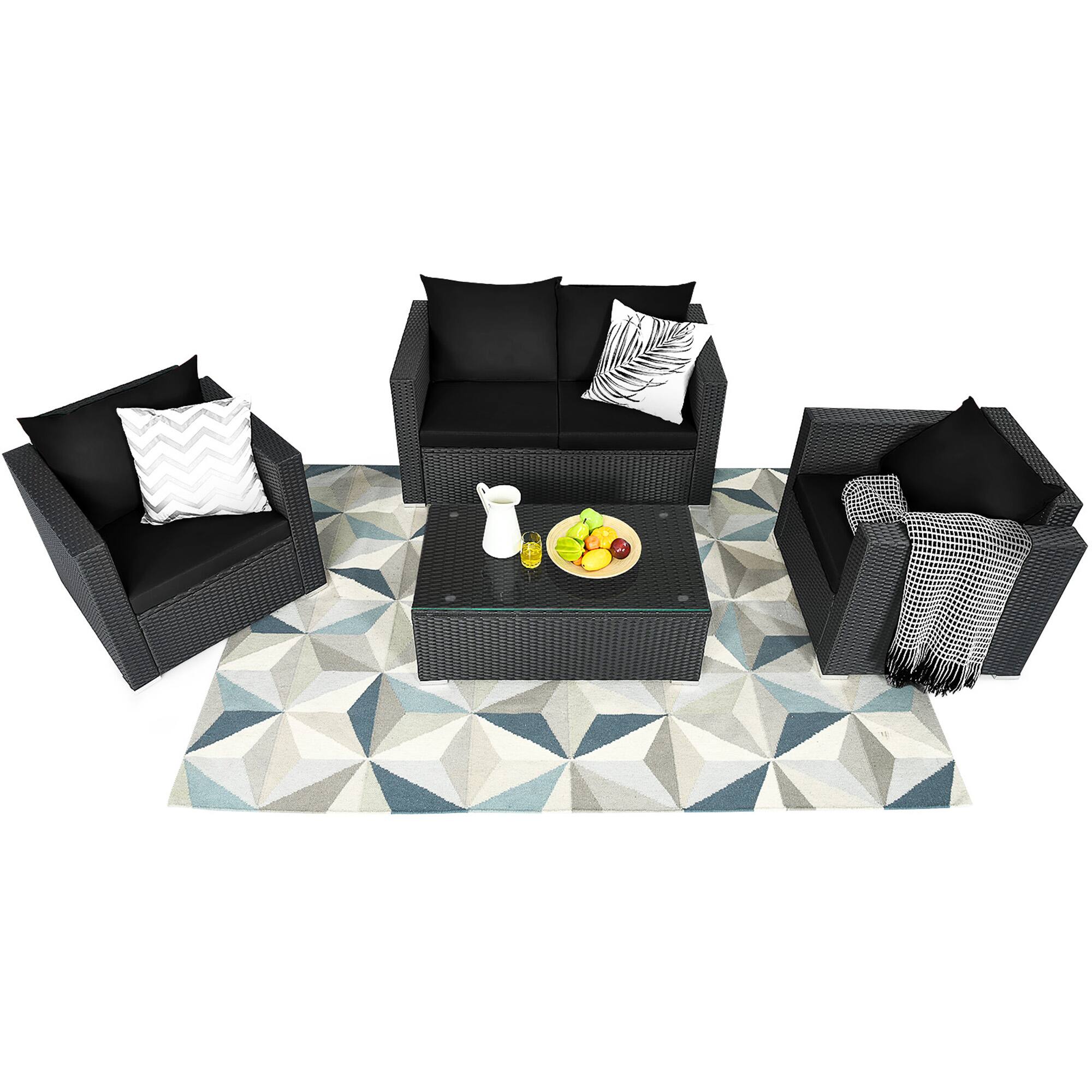 Alt View 3. Gymax - Gymax 4PCS Rattan Patio Conversation Set Outdoor Furniture Set w/ Black Cushions - Black.