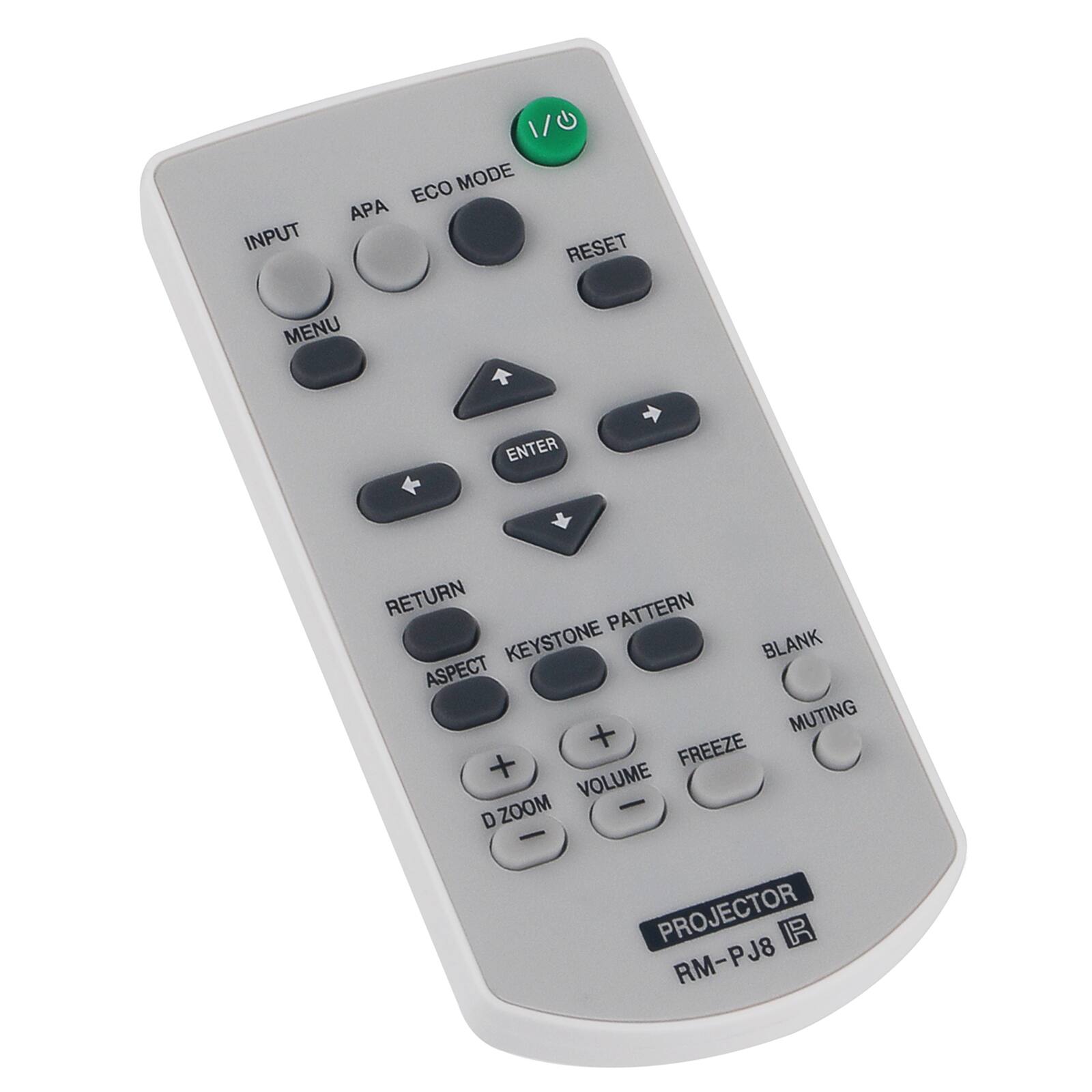 INPUT 1/6 G ECO MODE APA RESET MENU ENTER RETURN PATTERN KEYSTONE BLANK ASPECT MUTING + FREEZE + VOLUME ZOOM - D - PROJECTOR 1 RM-PJ8